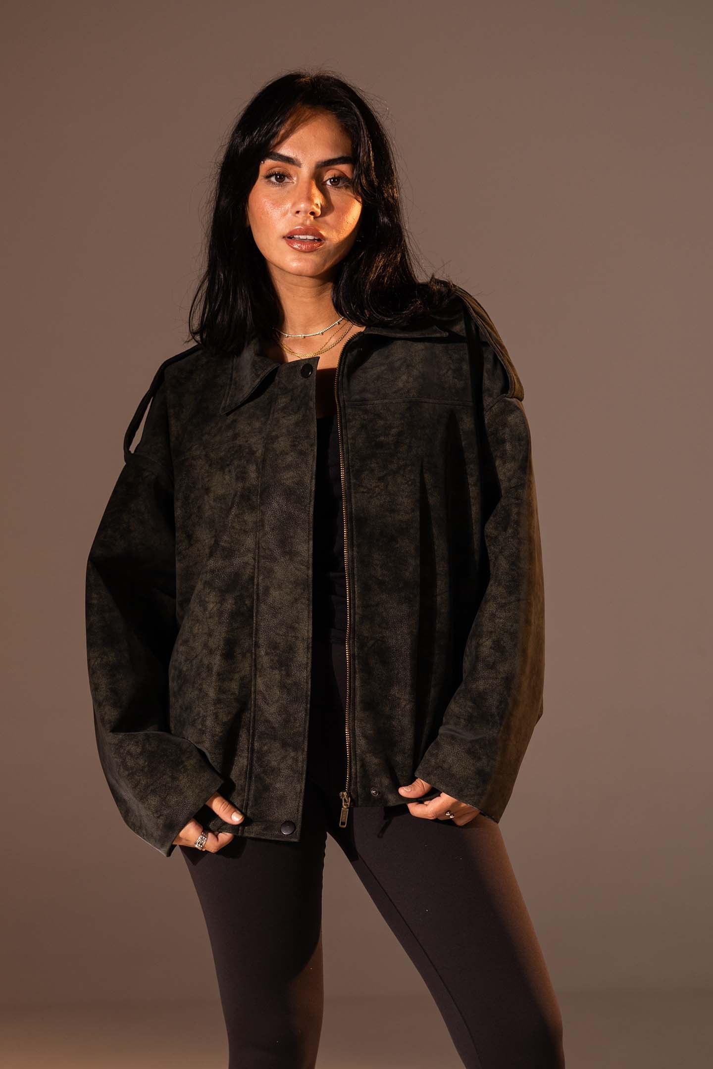 Olive Washed Zip-Up Leather Jacket