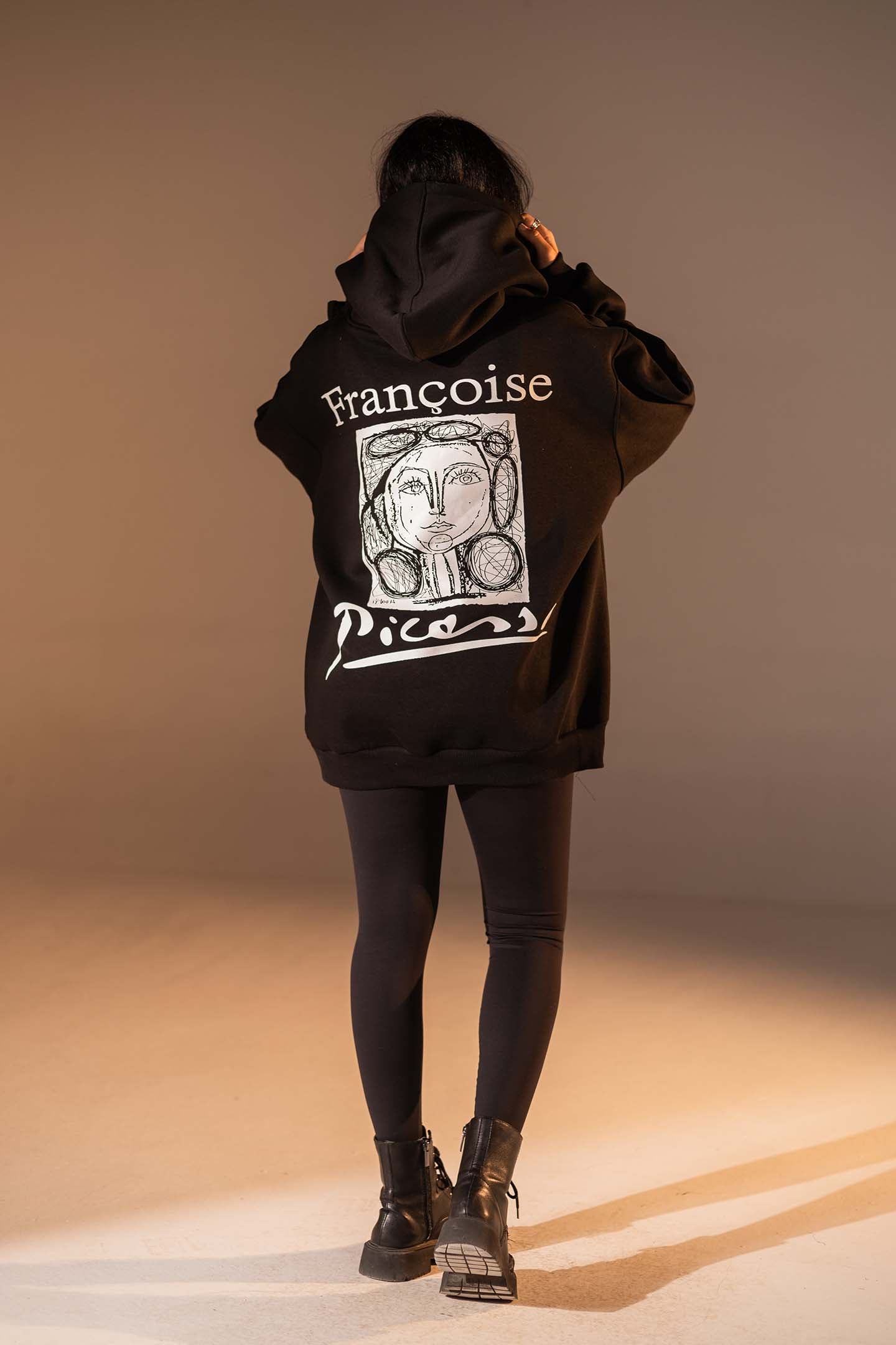 Black Printed Oversized Melton Hoodie
