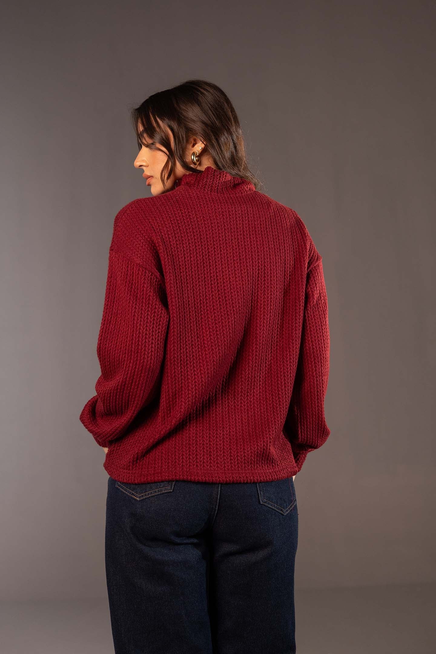 سويتر صوف عنابي مريح بسوستة نصفية