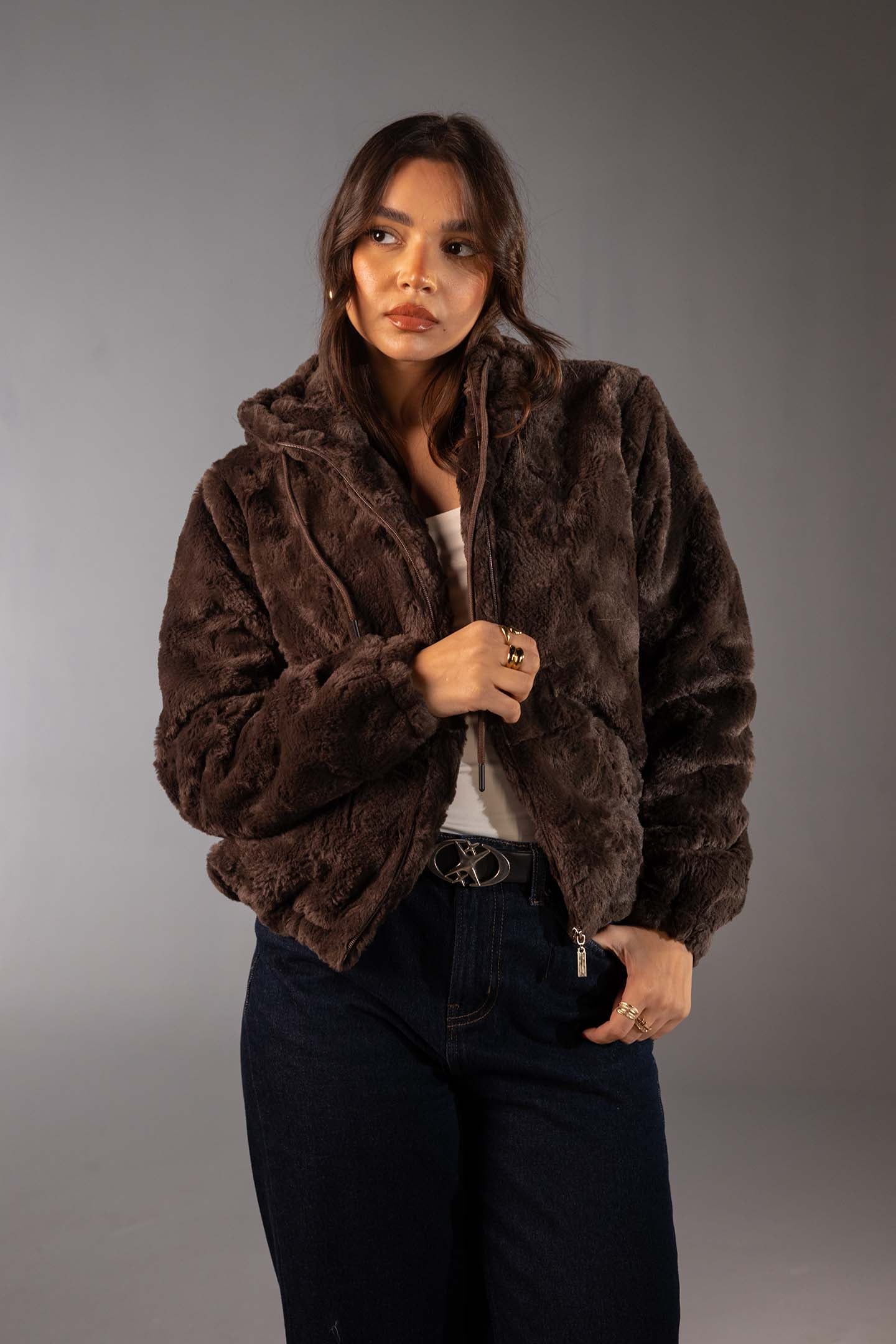 جاكيت فرو تيدي ناعم بسوستة – لون بني