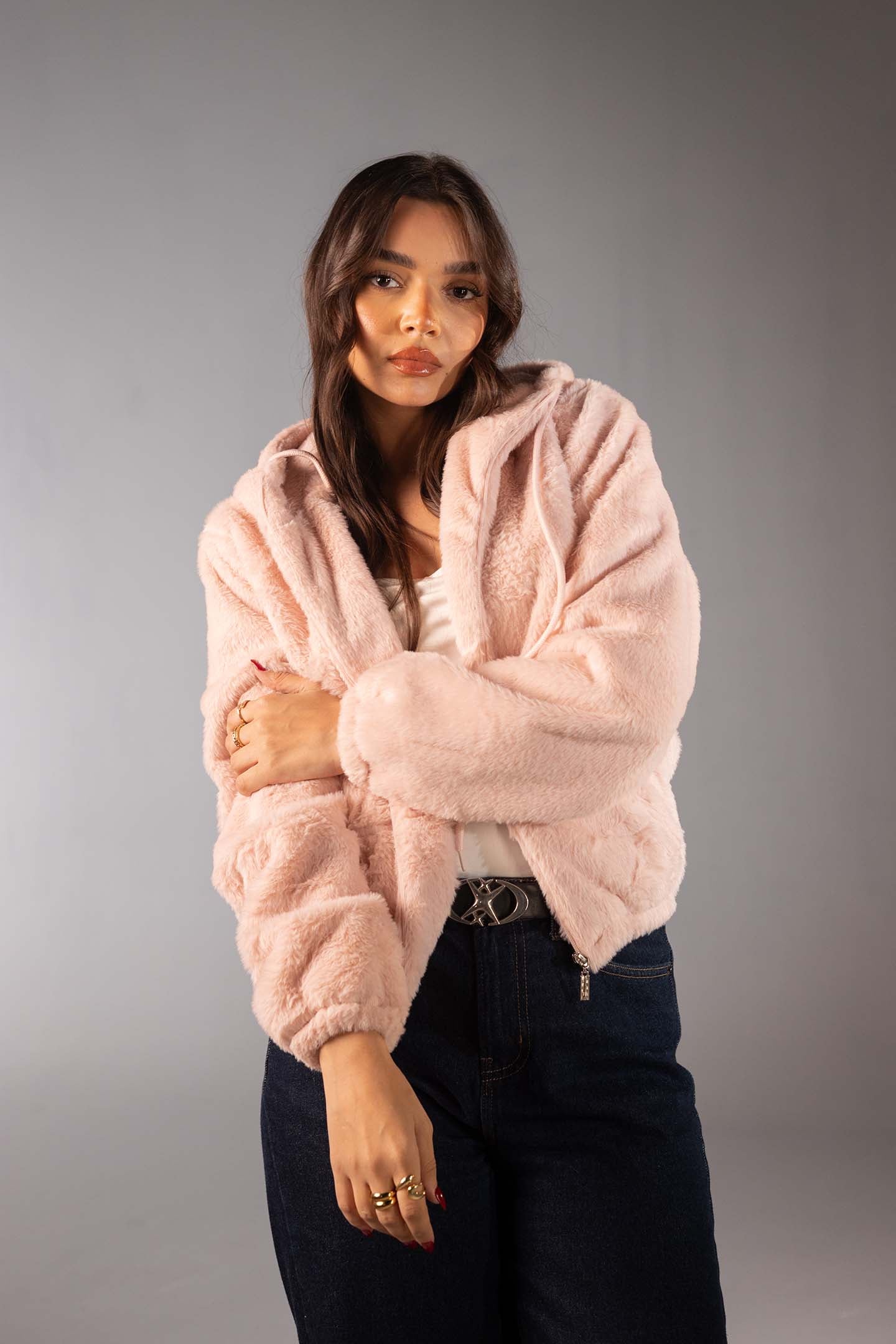 جاكيت فرو تيدي ناعم بسوستة – لون روز