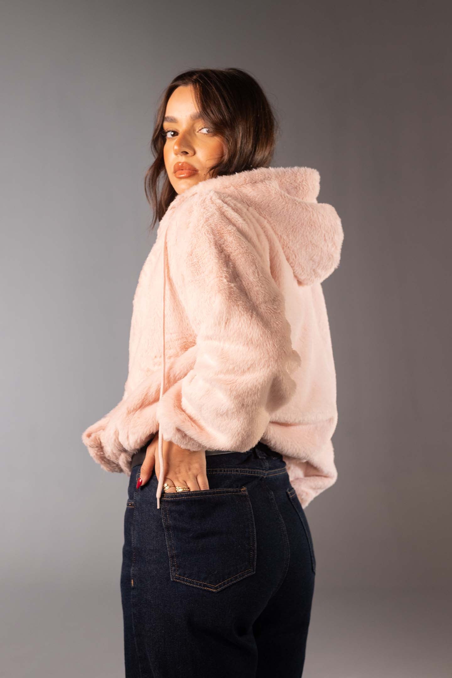جاكيت فرو تيدي ناعم بسوستة – لون روز
