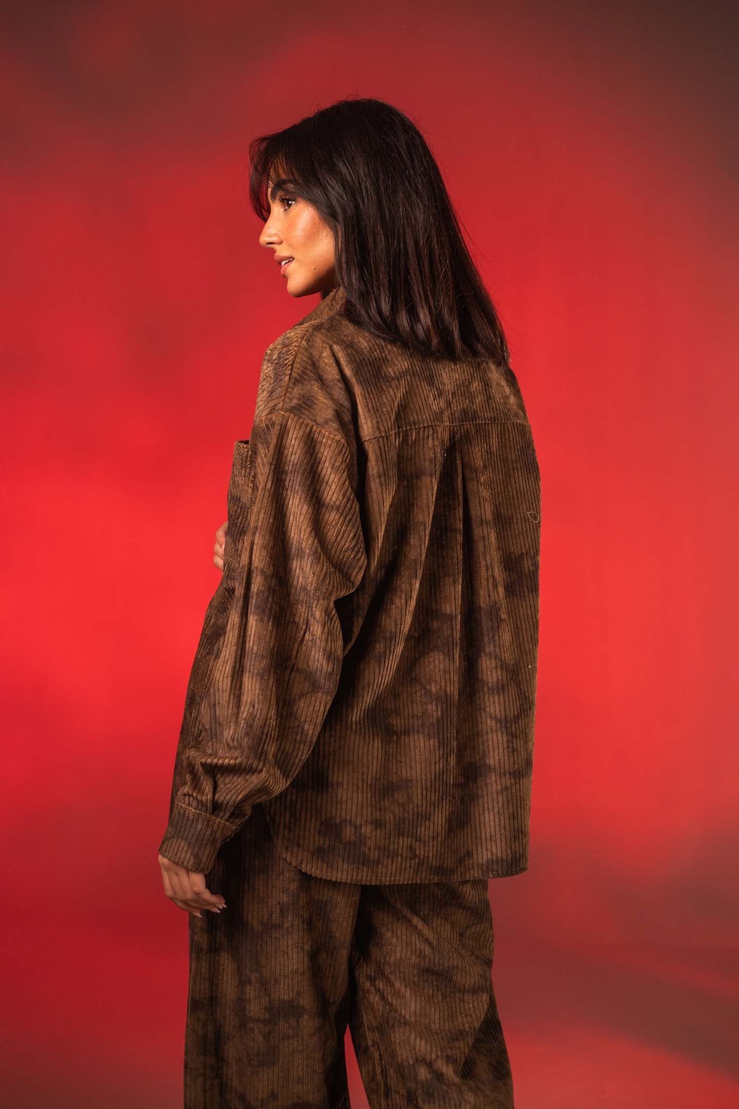 Brown Oversized Ribbed Velvet Camouflage-Print Shirt