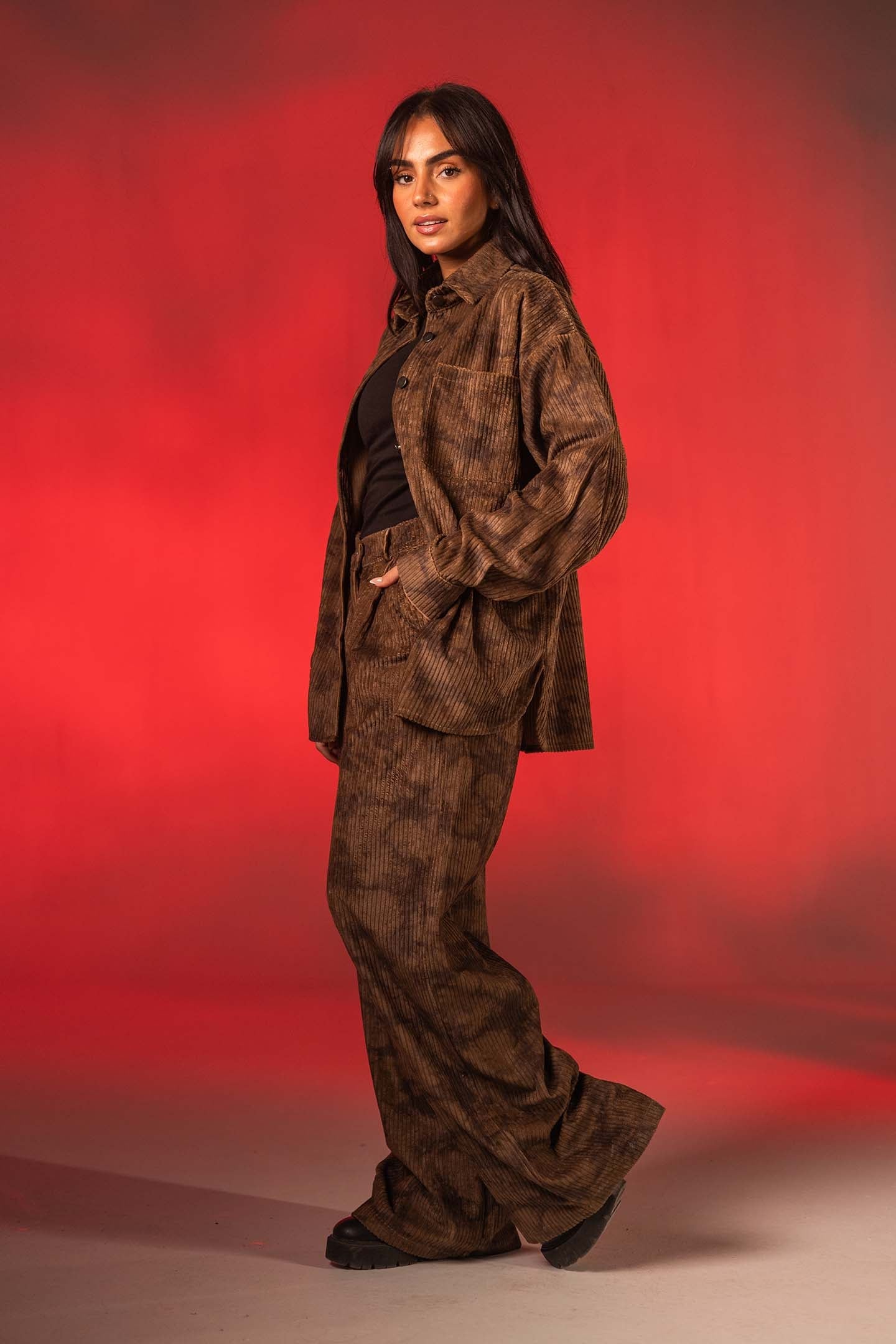 Brown Oversized Ribbed Velvet Camouflage-Print Shirt