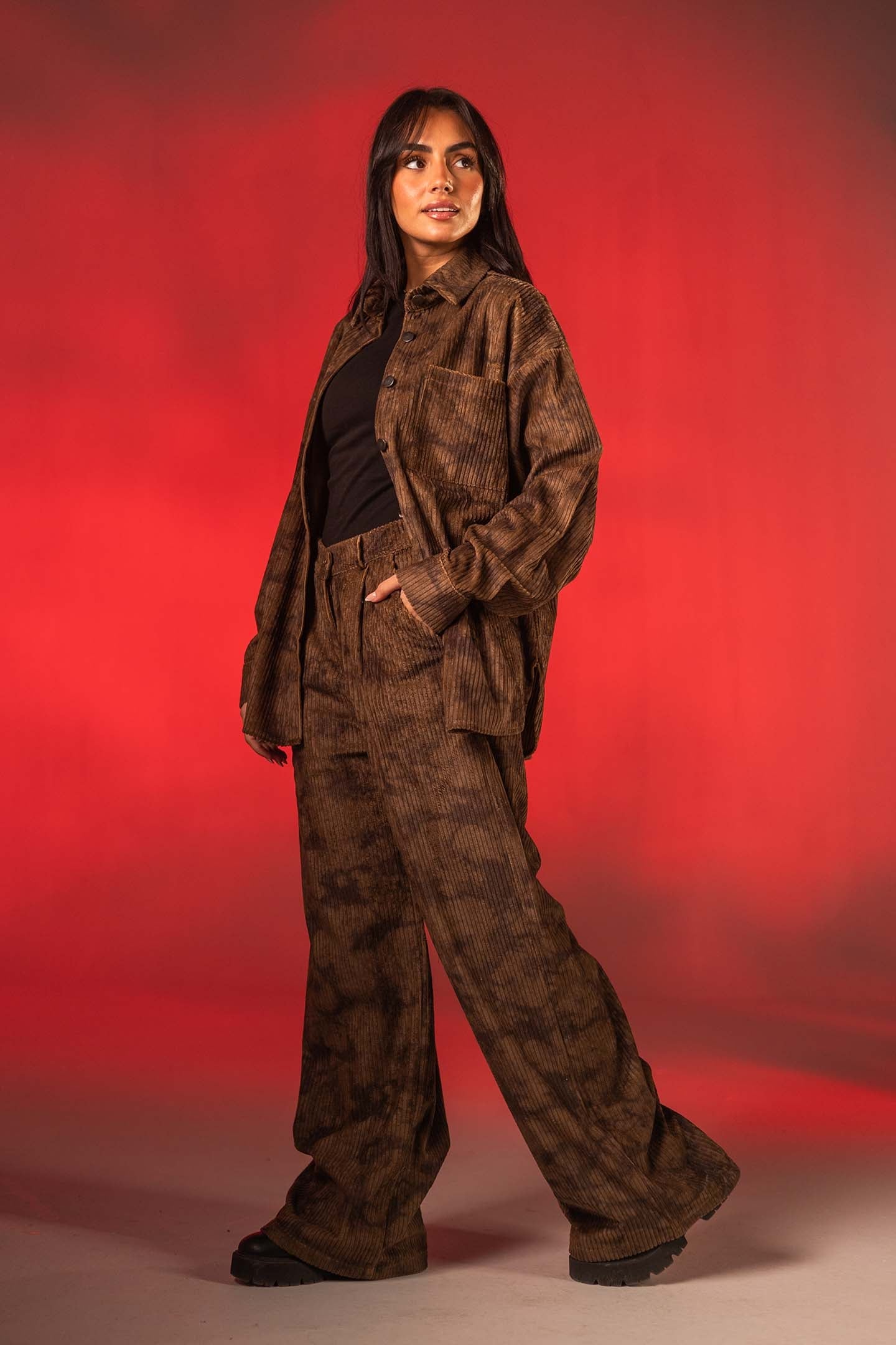 Brown Oversized Ribbed Velvet Camouflage-Print Shirt