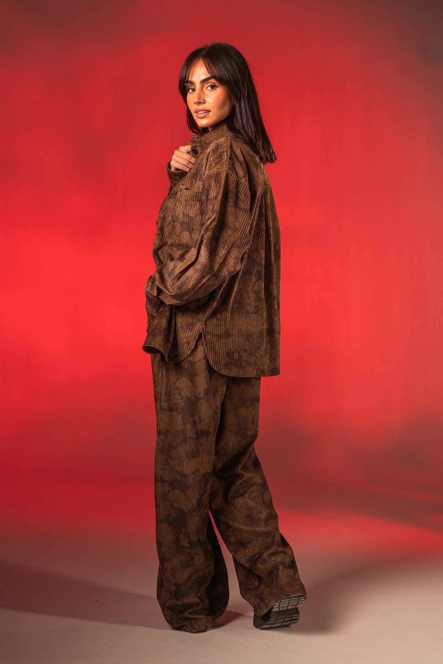 Brown Oversized Ribbed Velvet Camouflage-Print Shirt