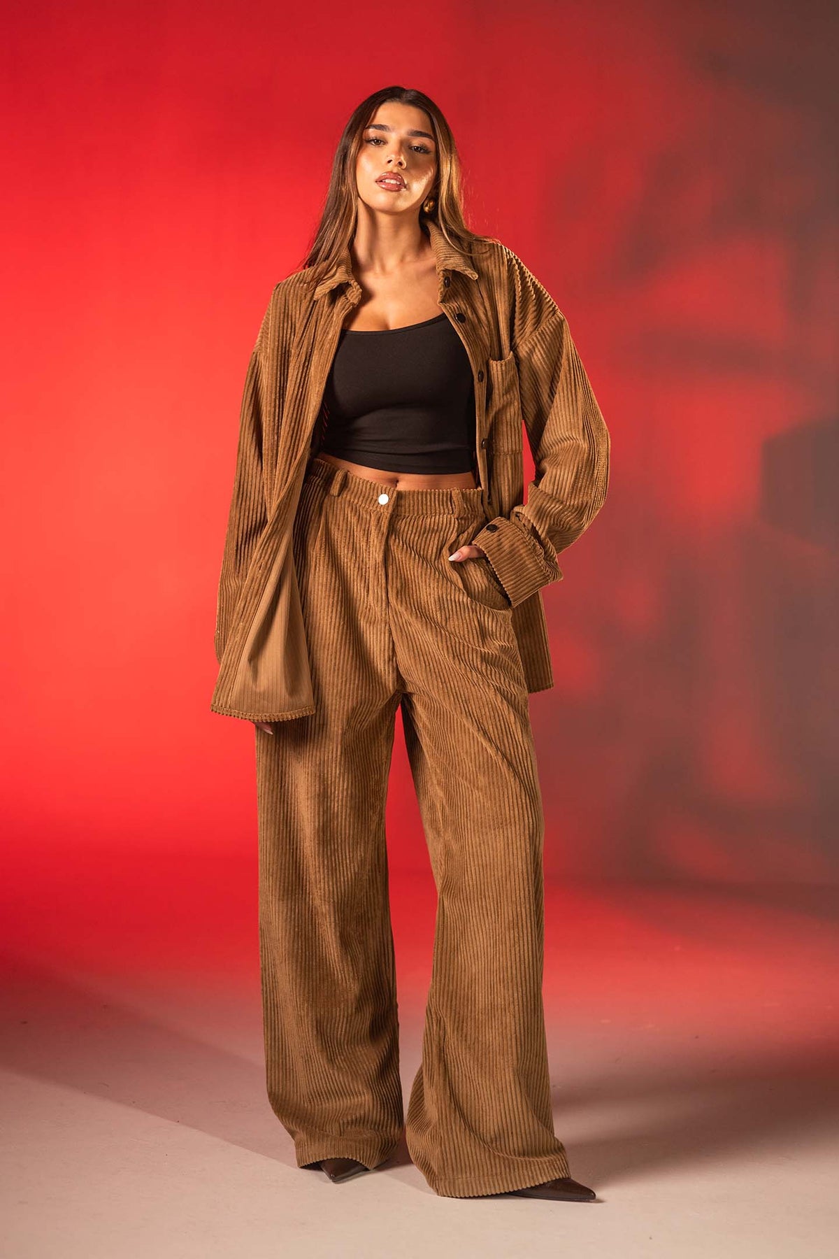 Camel Oversized Ribbed Velvet Shirt