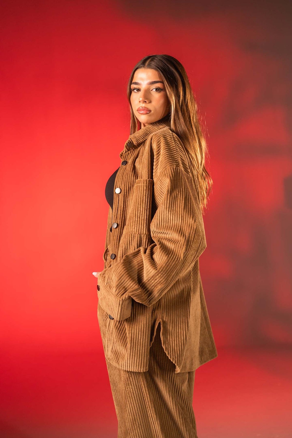 Camel Oversized Ribbed Velvet Shirt