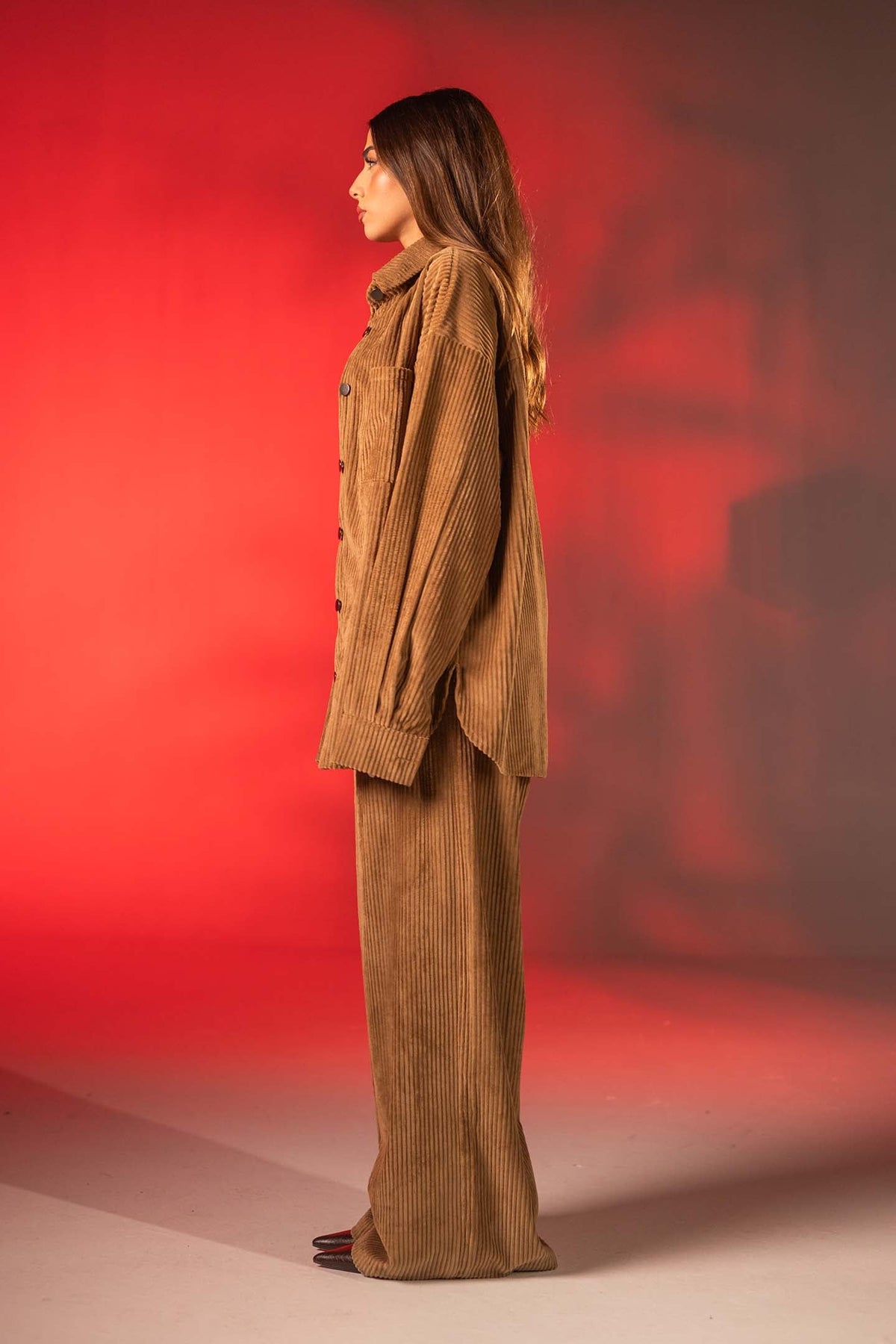 Camel Oversized Ribbed Velvet Shirt