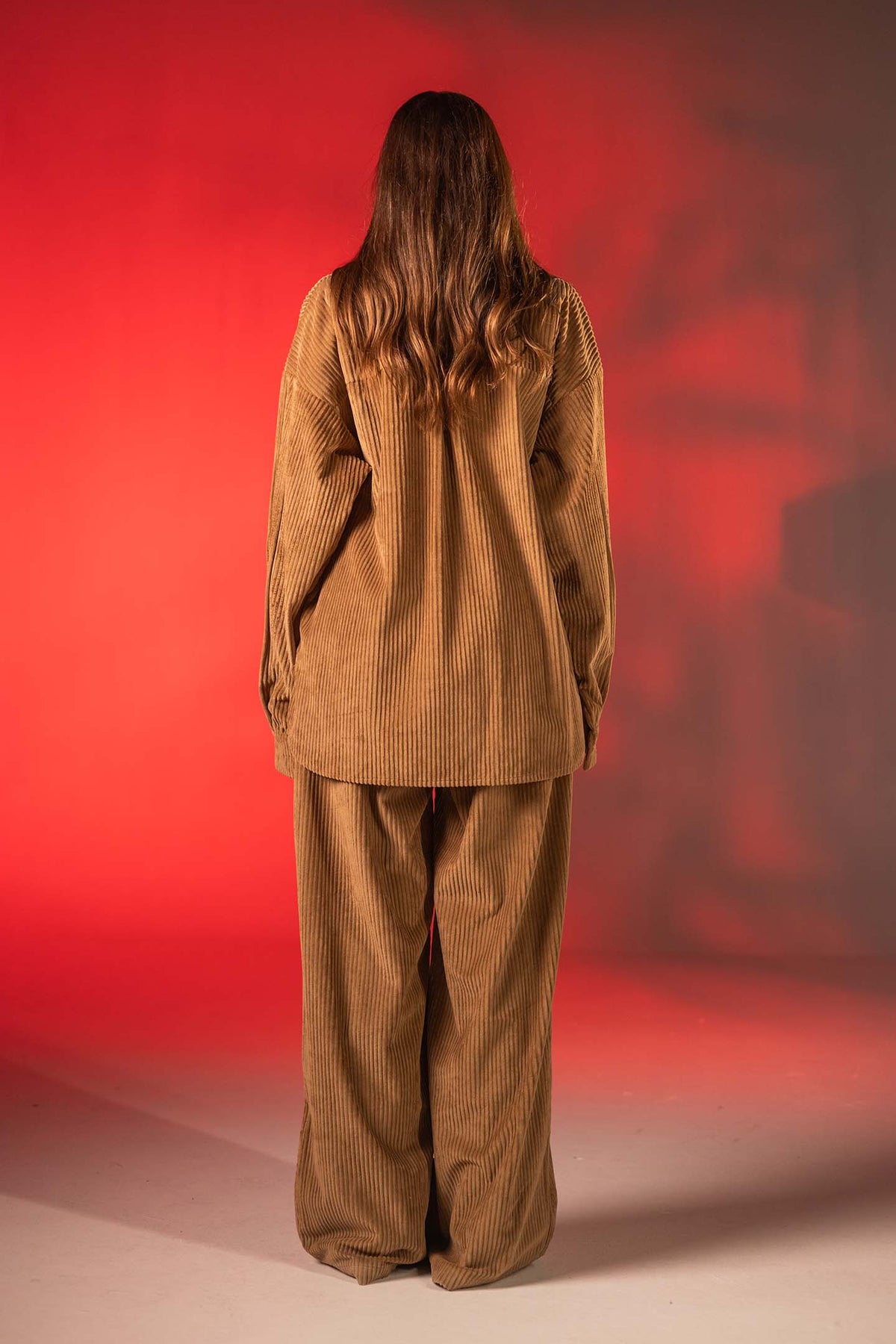 Camel Oversized Ribbed Velvet Shirt