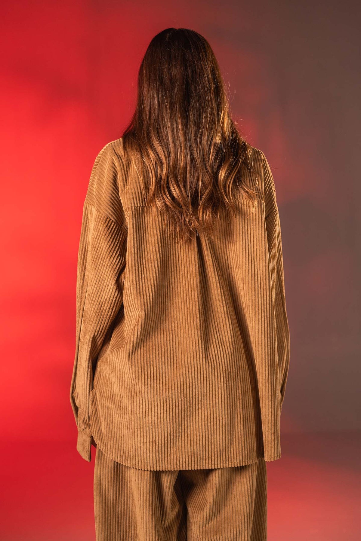 Camel Oversized Ribbed Velvet Shirt