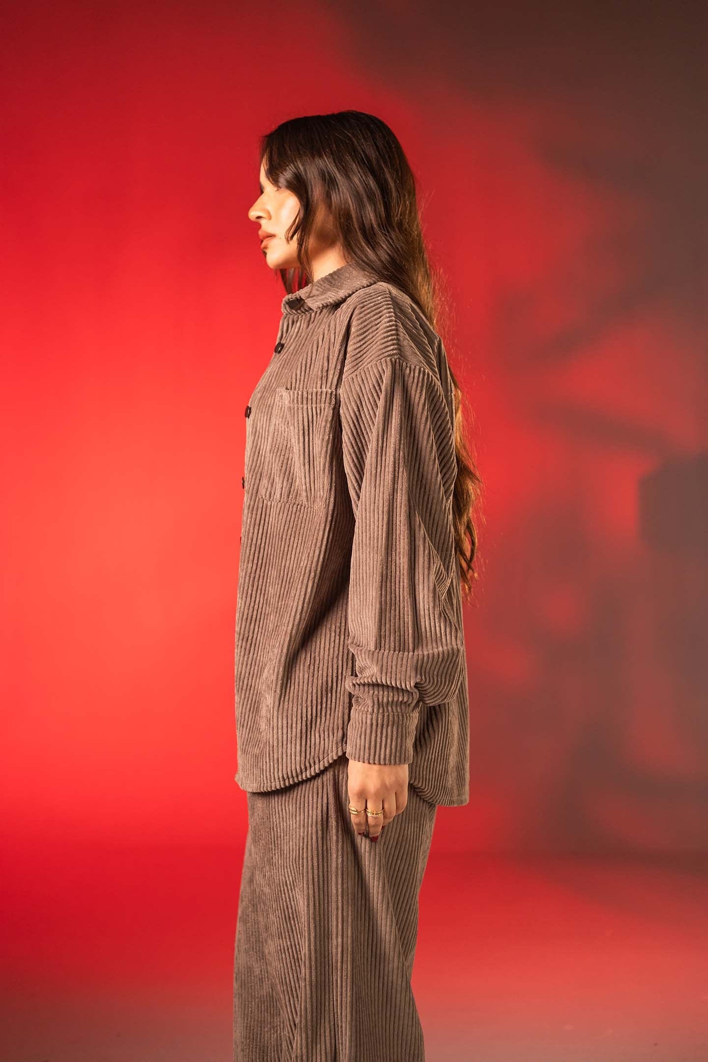 Coffe Oversized Ribbed Velvet Shirt