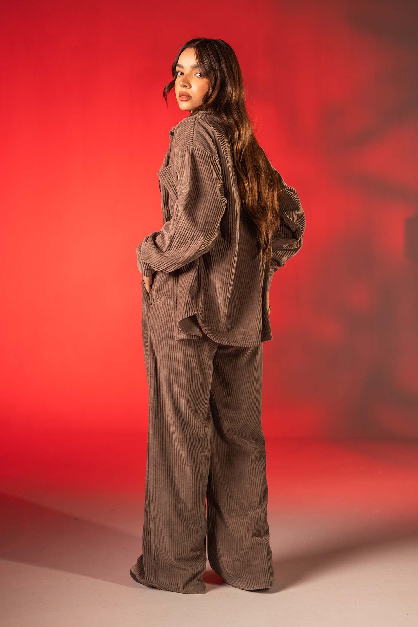 Coffe Oversized Ribbed Velvet Shirt