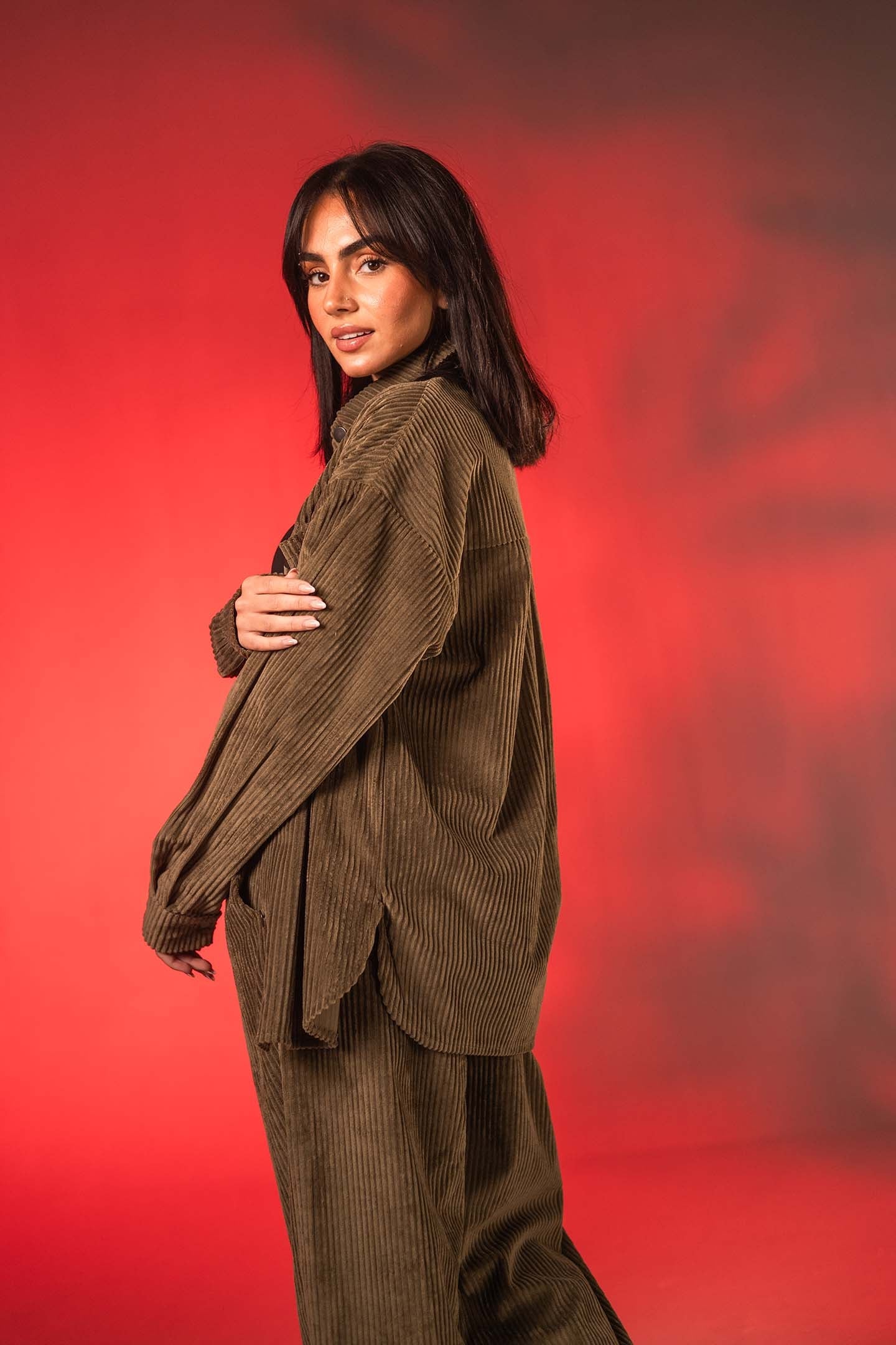 Olive Oversized Ribbed Velvet Shirt