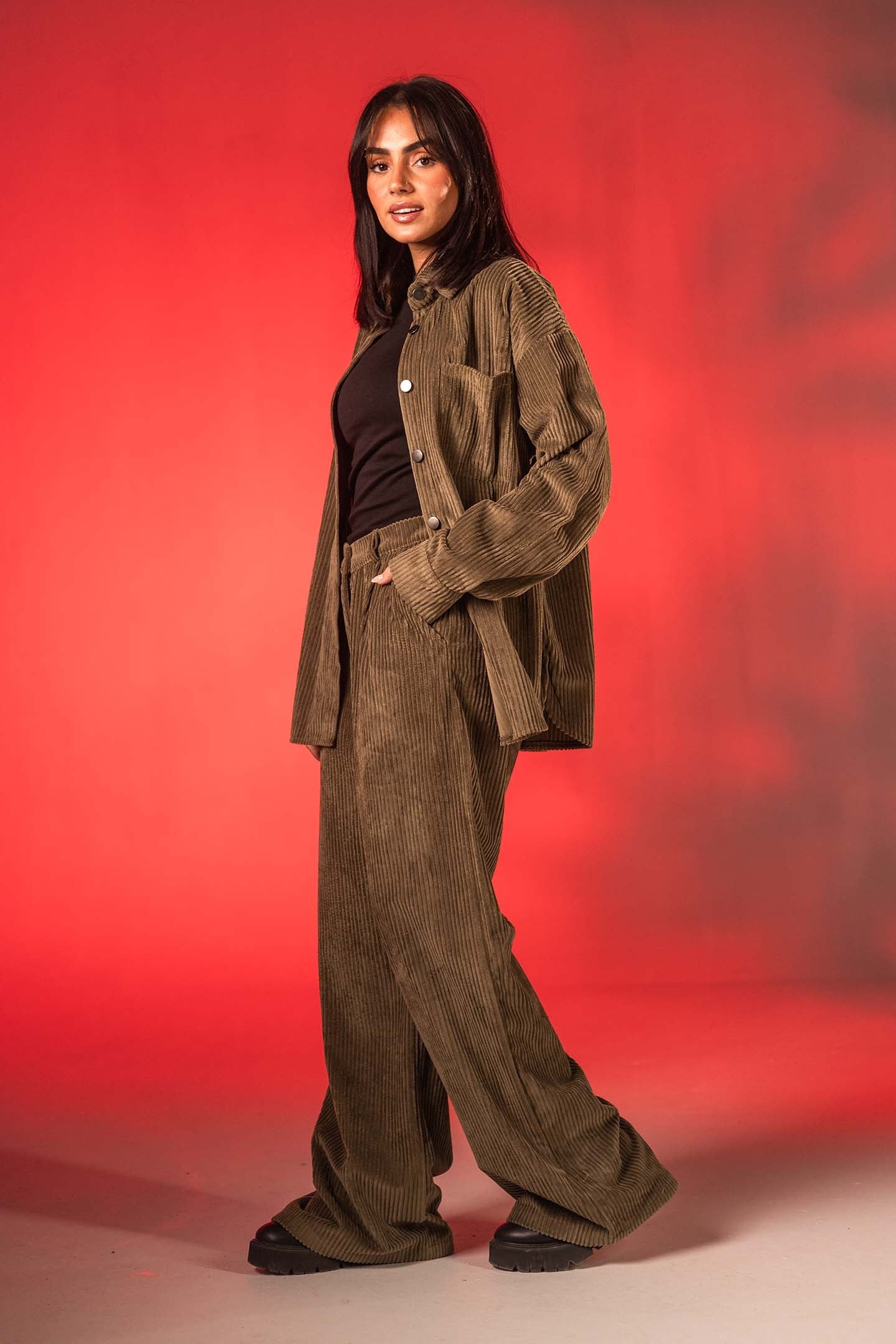 Olive Oversized Ribbed Velvet Shirt