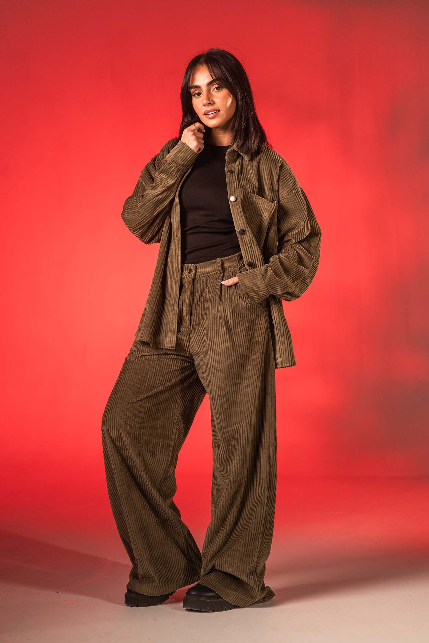 Olive Oversized Ribbed Velvet Shirt