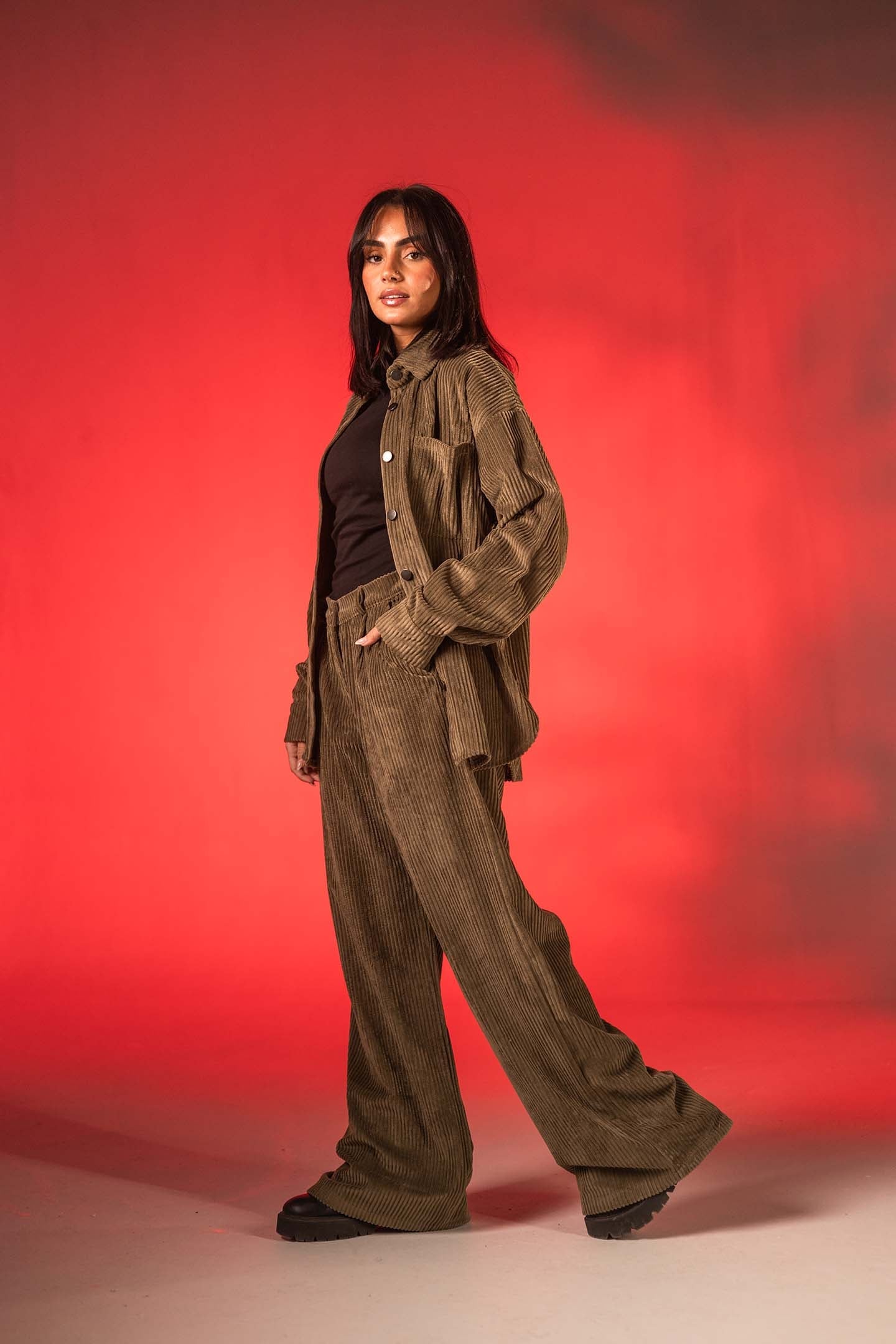 Olive Oversized Ribbed Velvet Shirt