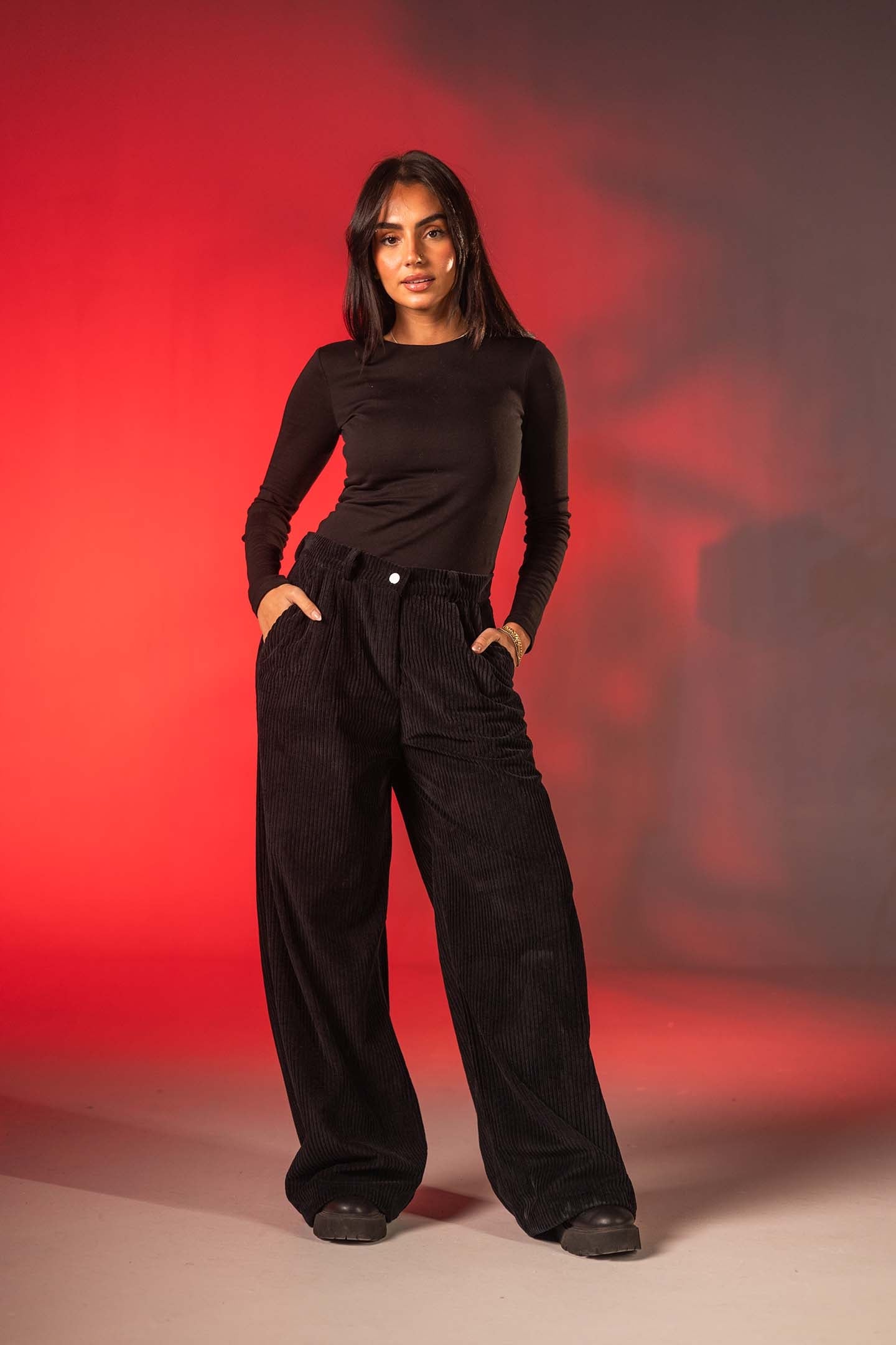 Black Soft Ribbed Velvet Relaxed Pants