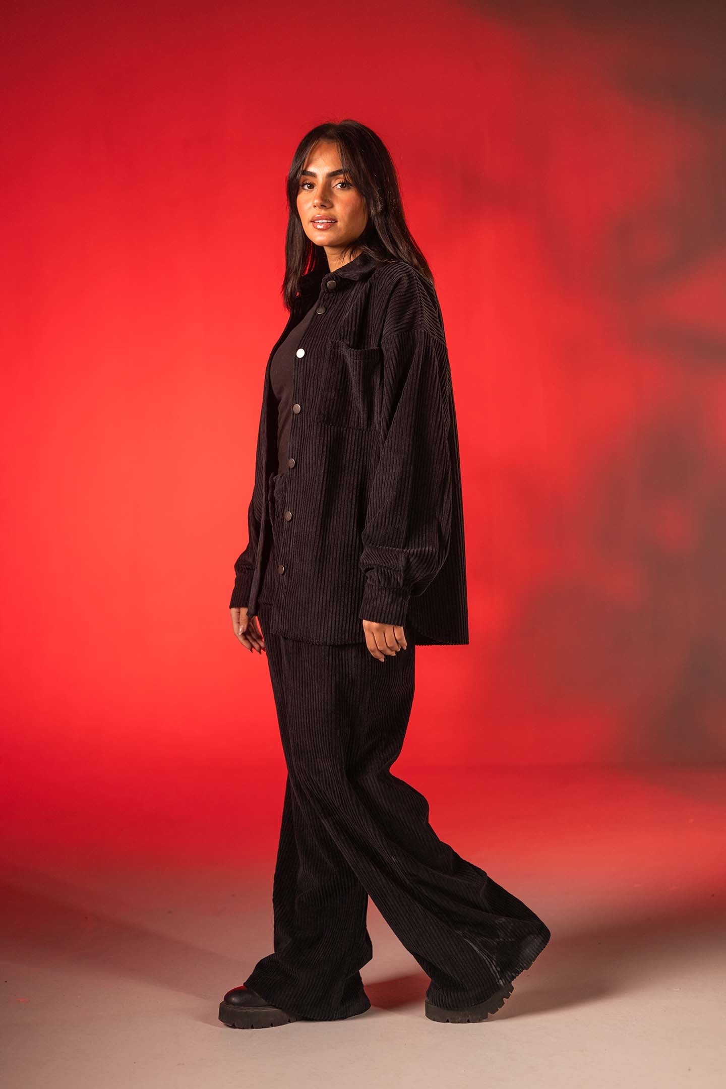 Black Soft Ribbed Velvet Relaxed Pants