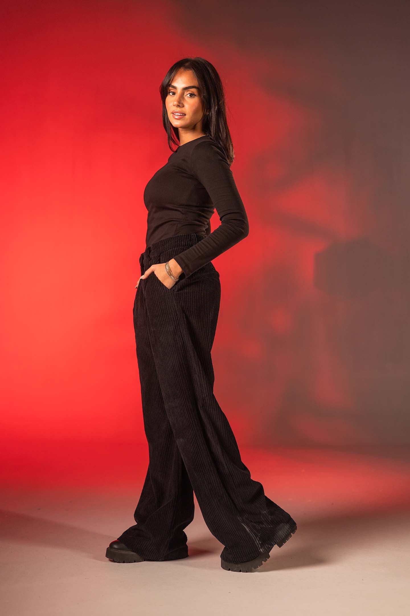 Black Soft Ribbed Velvet Relaxed Pants