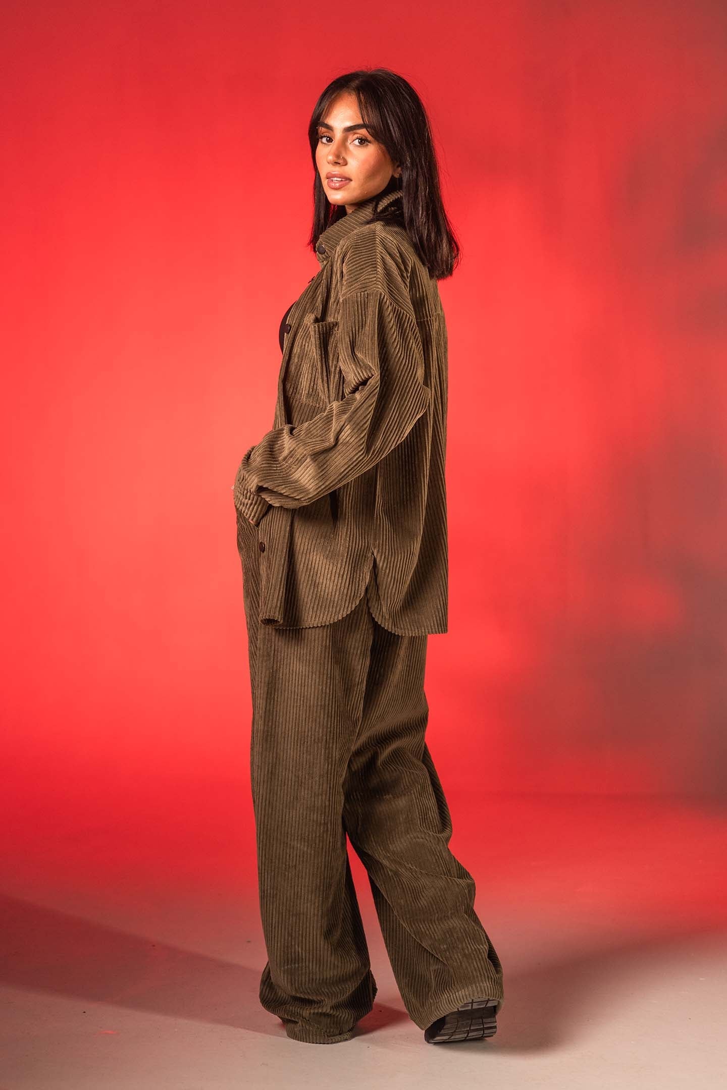 Olive Soft Ribbed Velvet Relaxed Pants