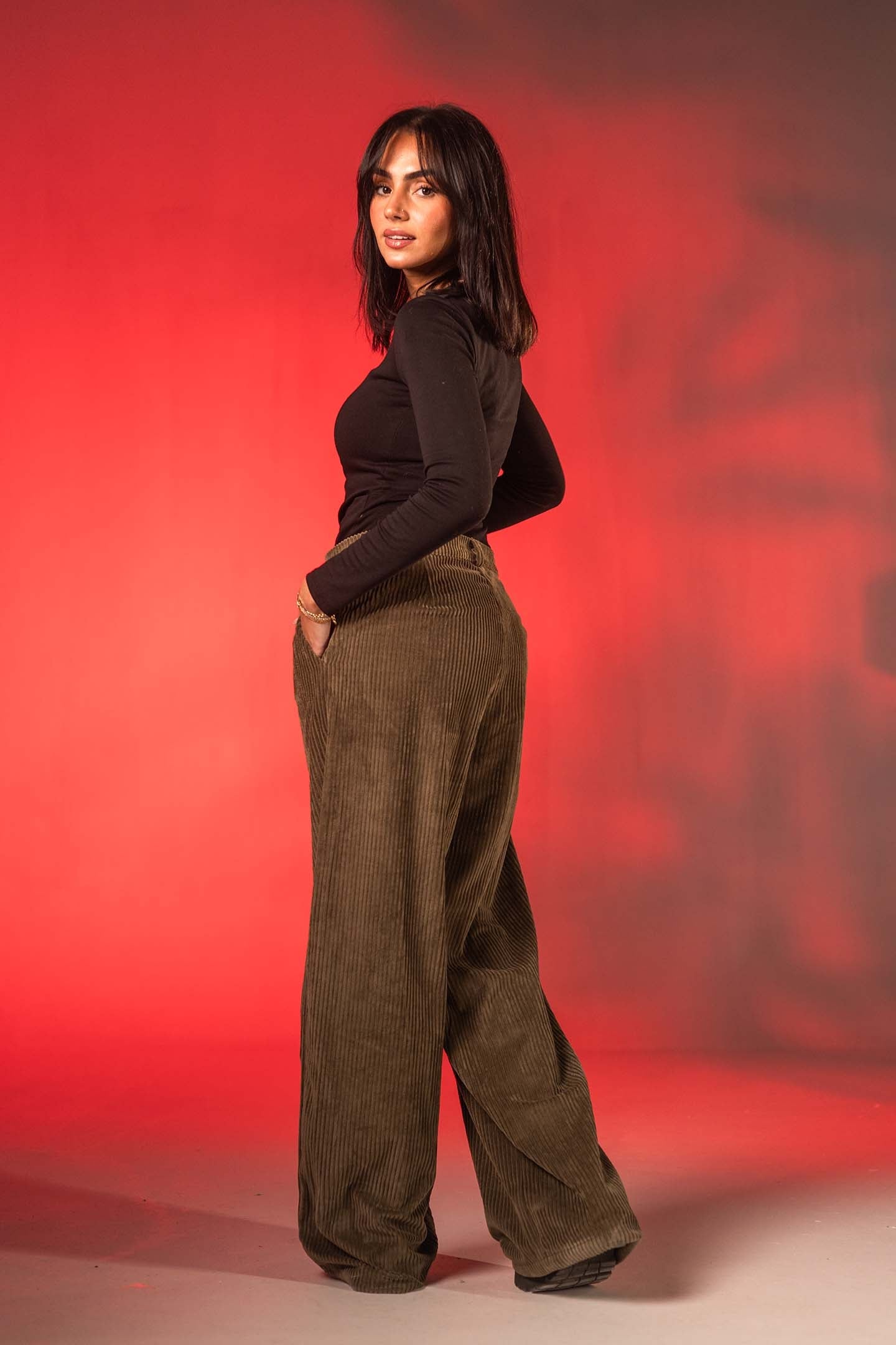 Olive Soft Ribbed Velvet Relaxed Pants
