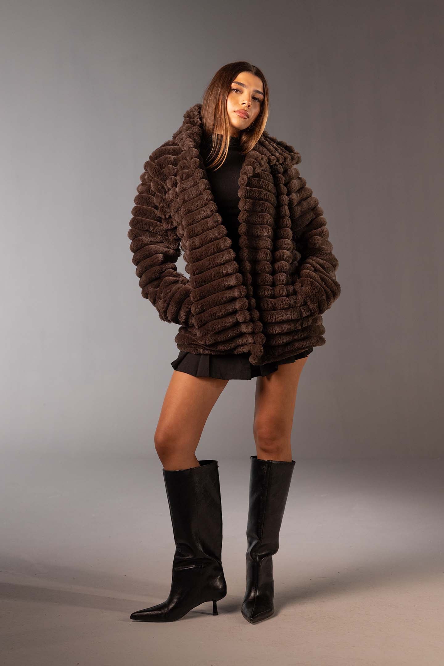 Brown Soft Textured Faux Fur Mid Coat