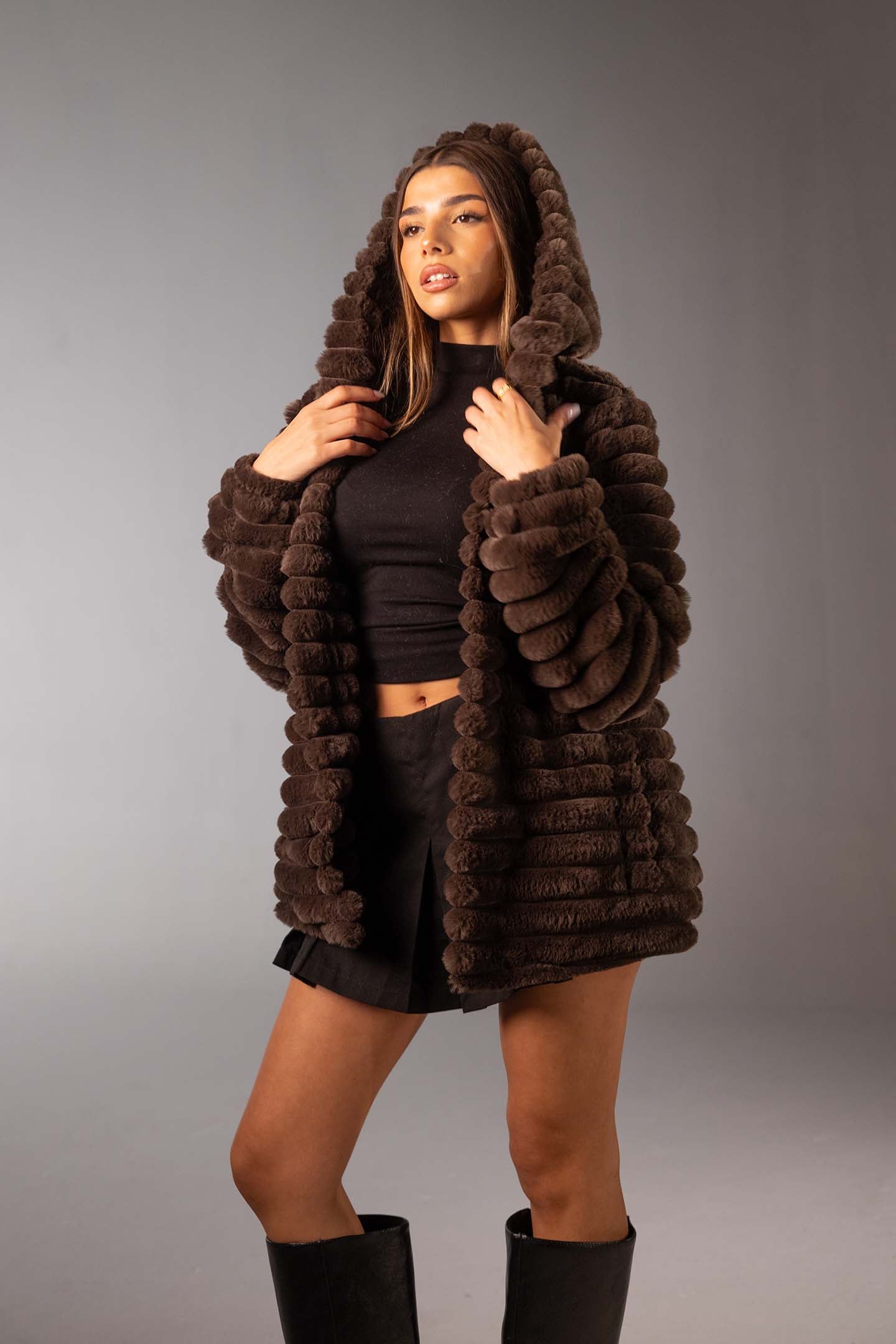 Brown Soft Textured Faux Fur Mid Coat