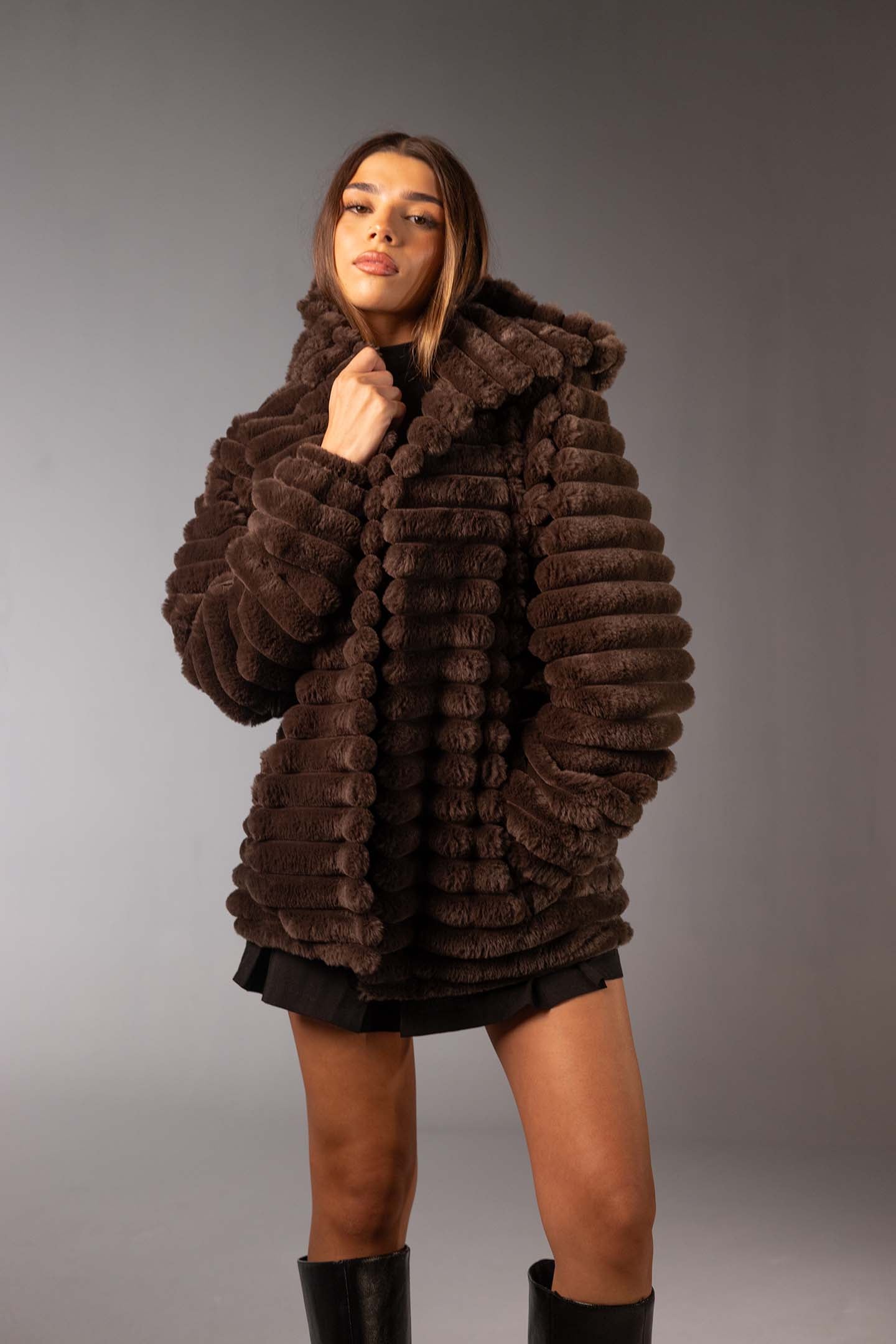 Brown Soft Textured Faux Fur Mid Coat