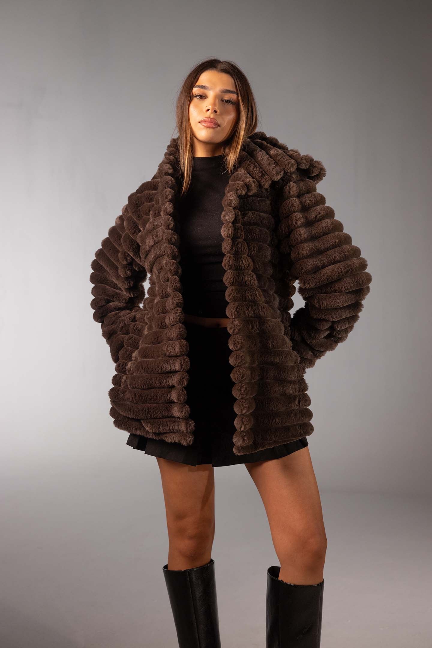 Brown Soft Textured Faux Fur Mid Coat