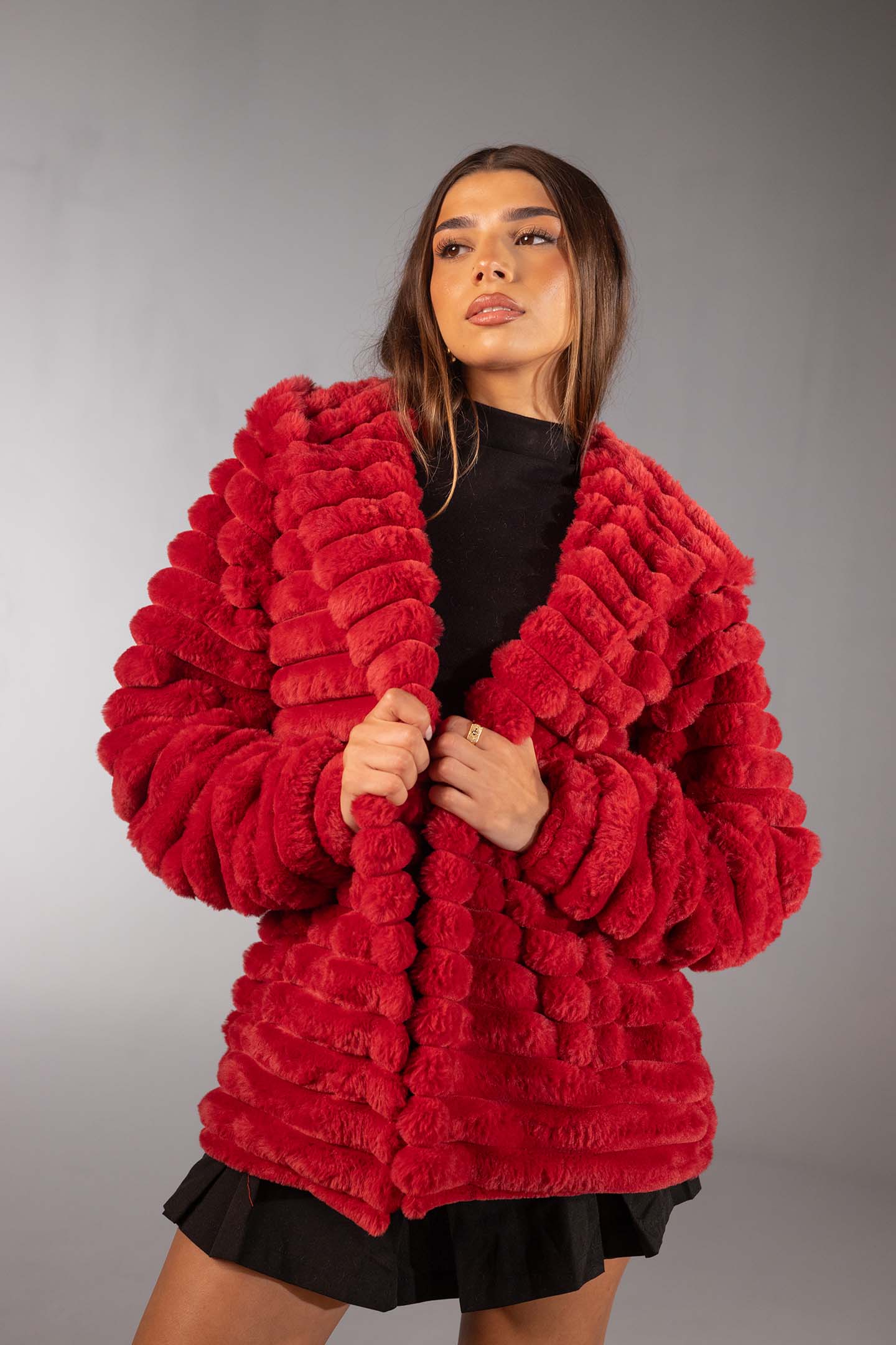 Red Soft Textured Faux Fur Mid Coat