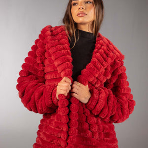 Red Soft Textured Faux Fur Mid Coat