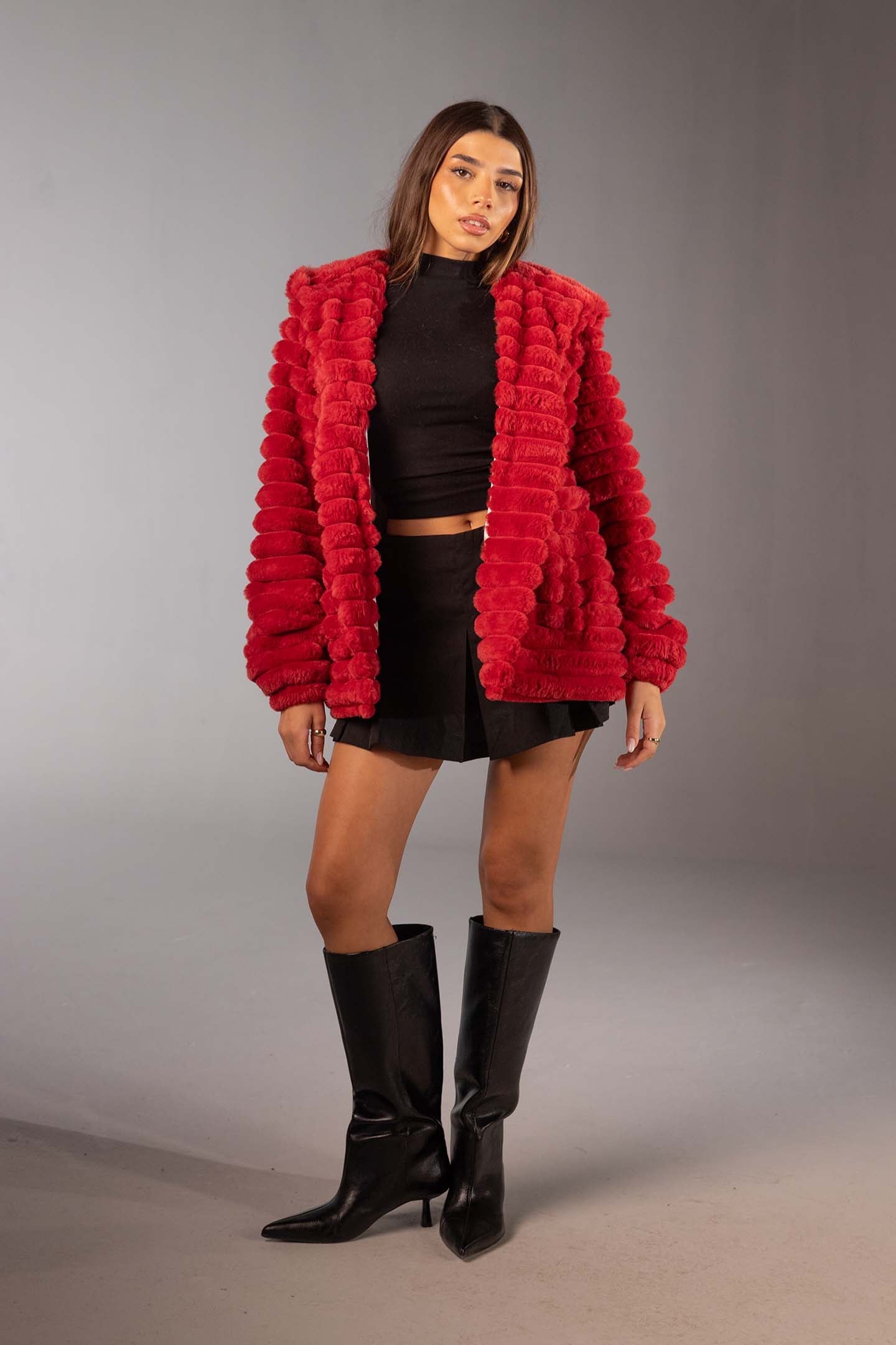 Red Soft Textured Faux Fur Mid Coat