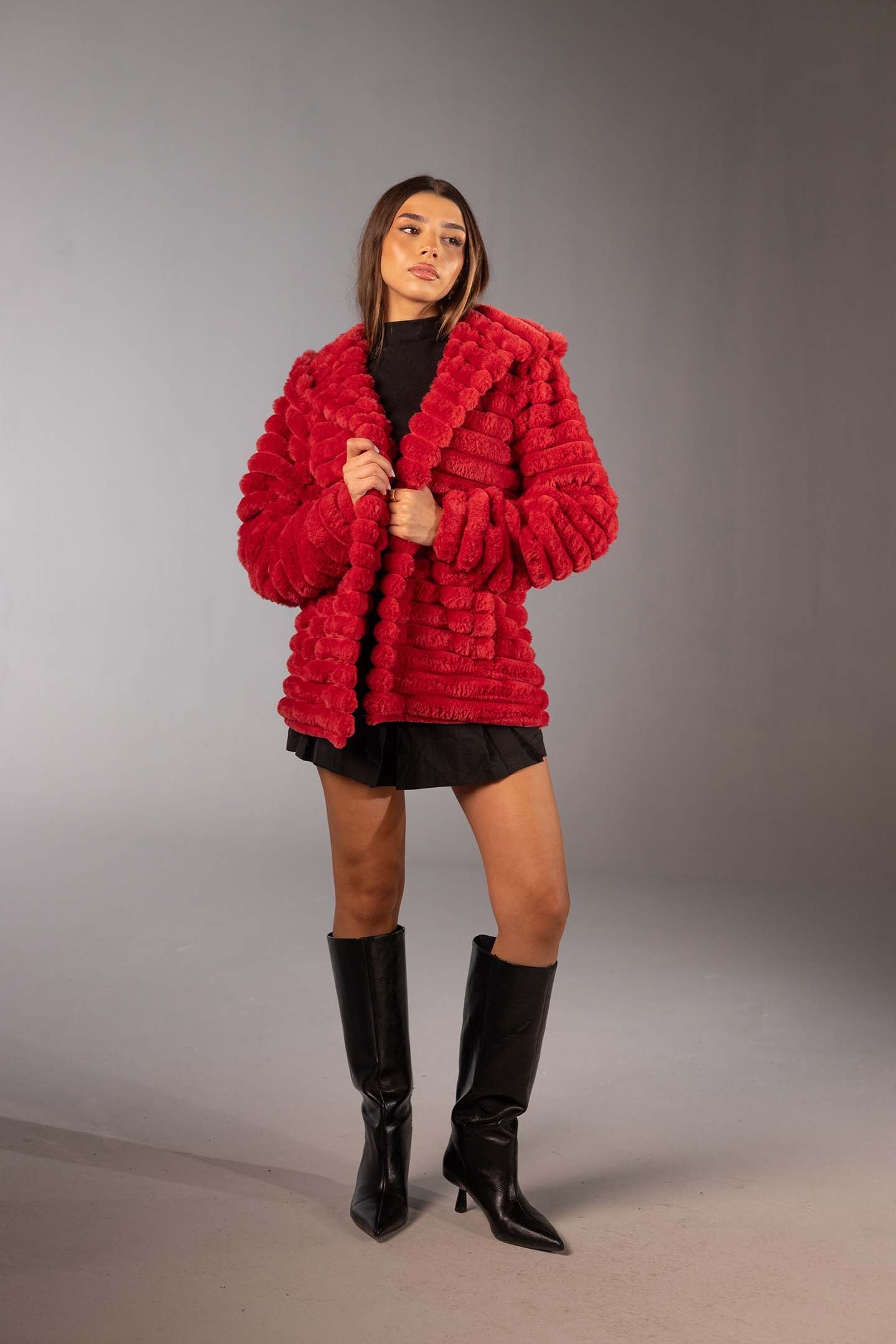 Red Soft Textured Faux Fur Mid Coat