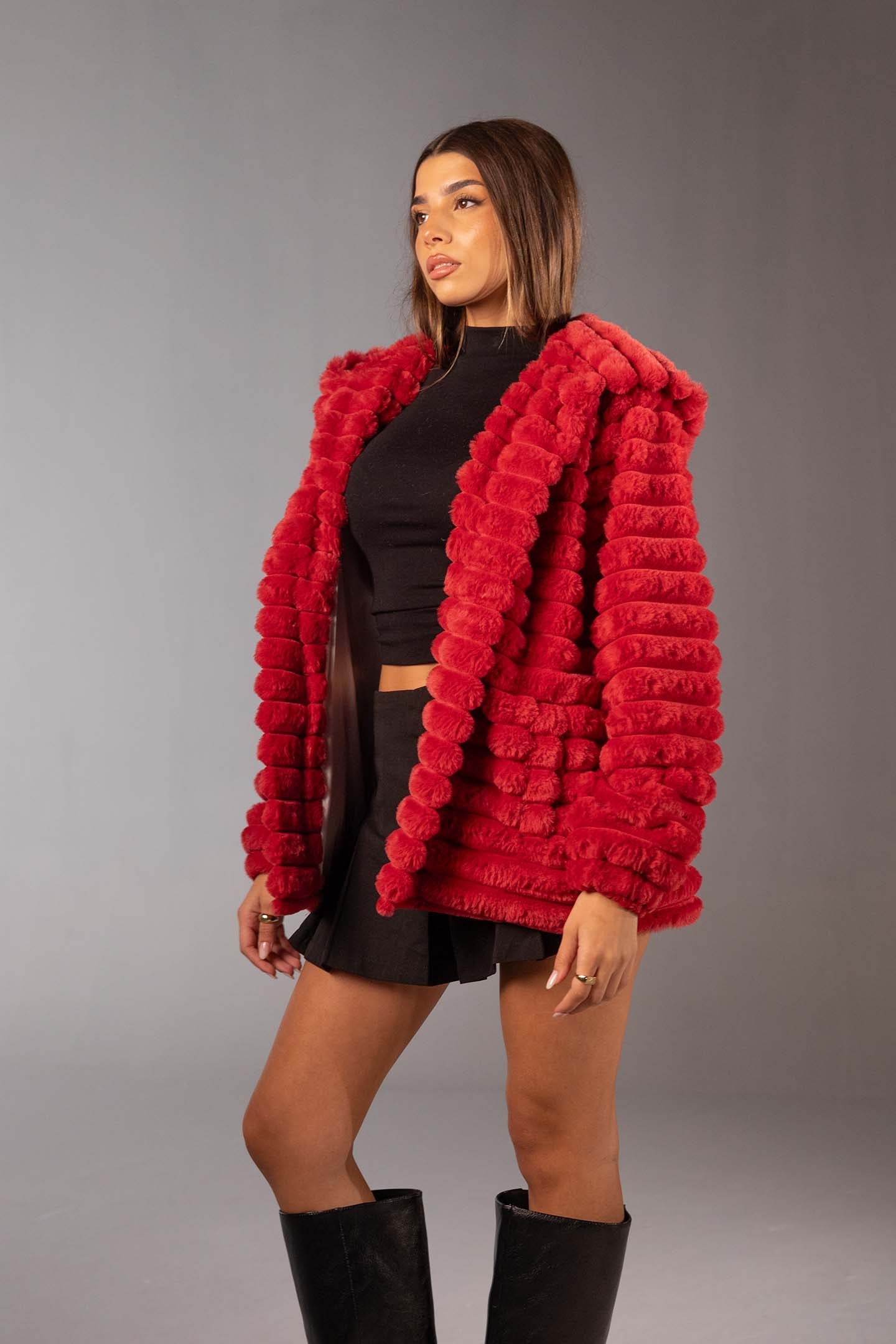 Red Soft Textured Faux Fur Mid Coat
