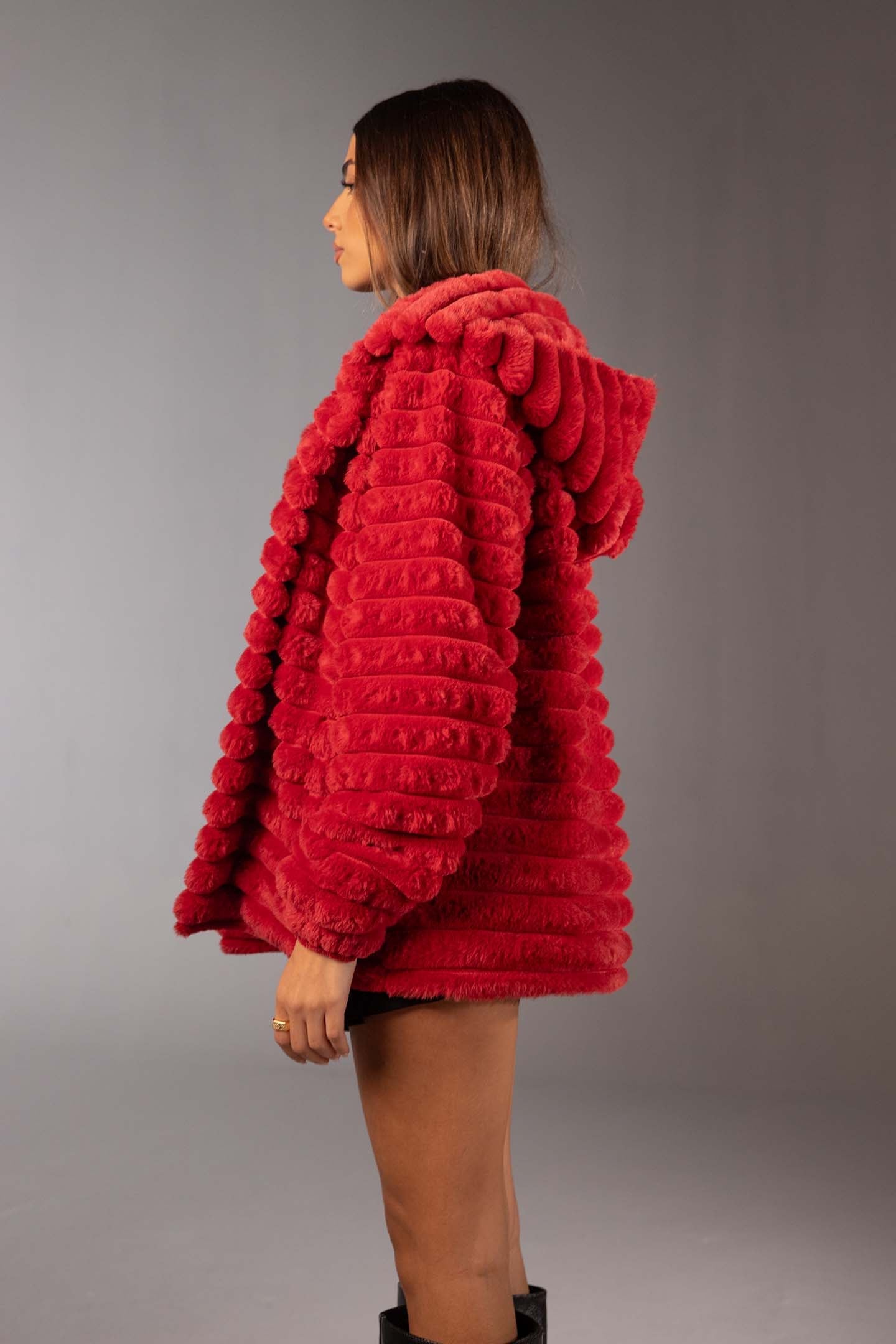 Red Soft Textured Faux Fur Mid Coat