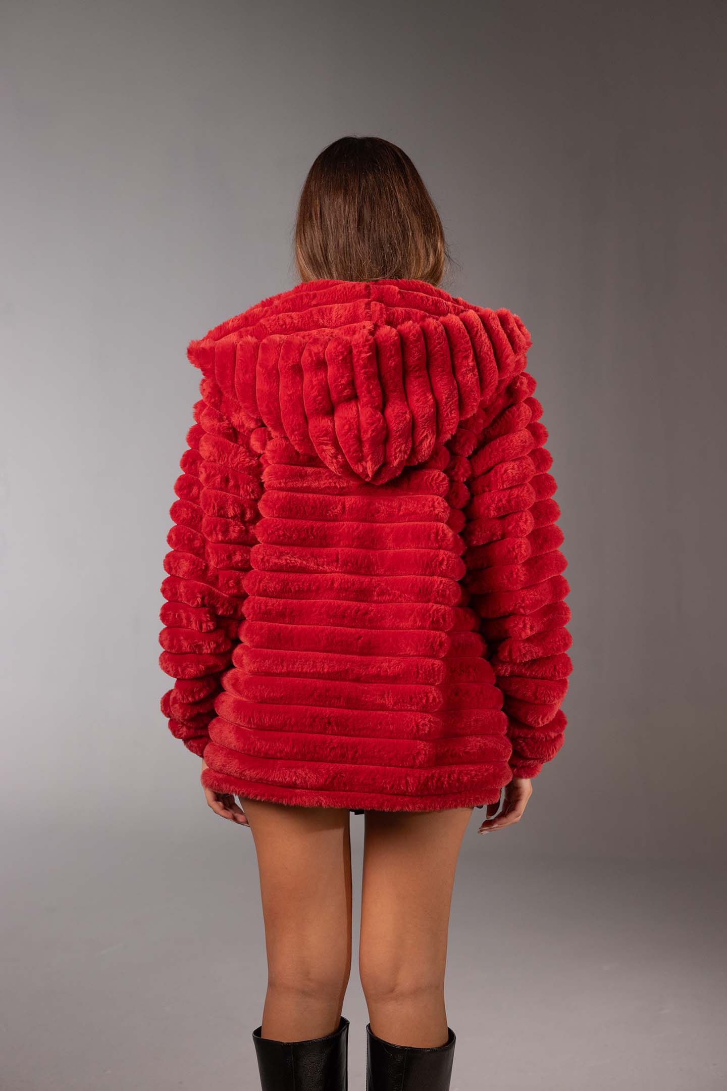 Red Soft Textured Faux Fur Mid Coat