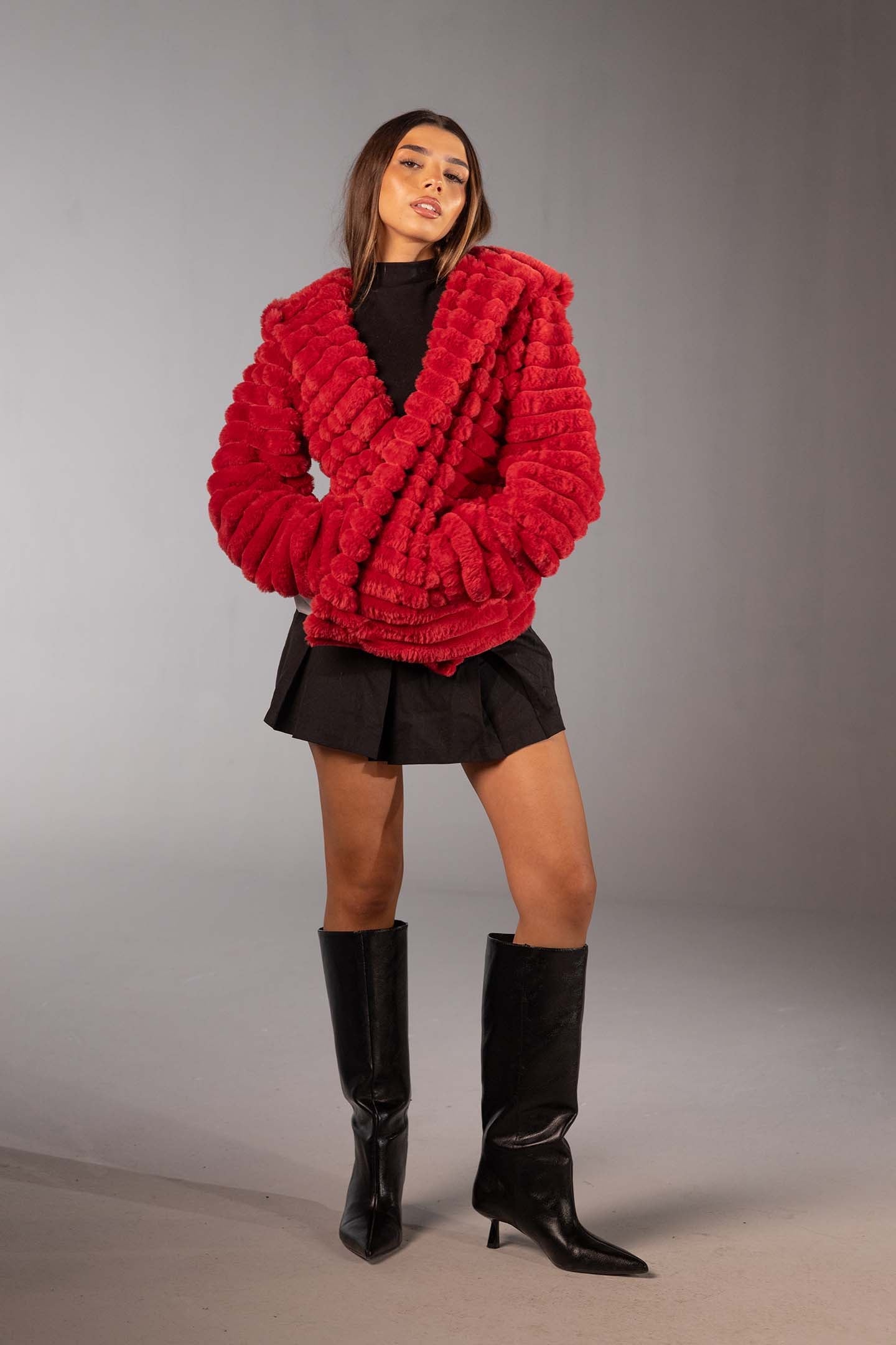 Red Soft Textured Faux Fur Mid Coat