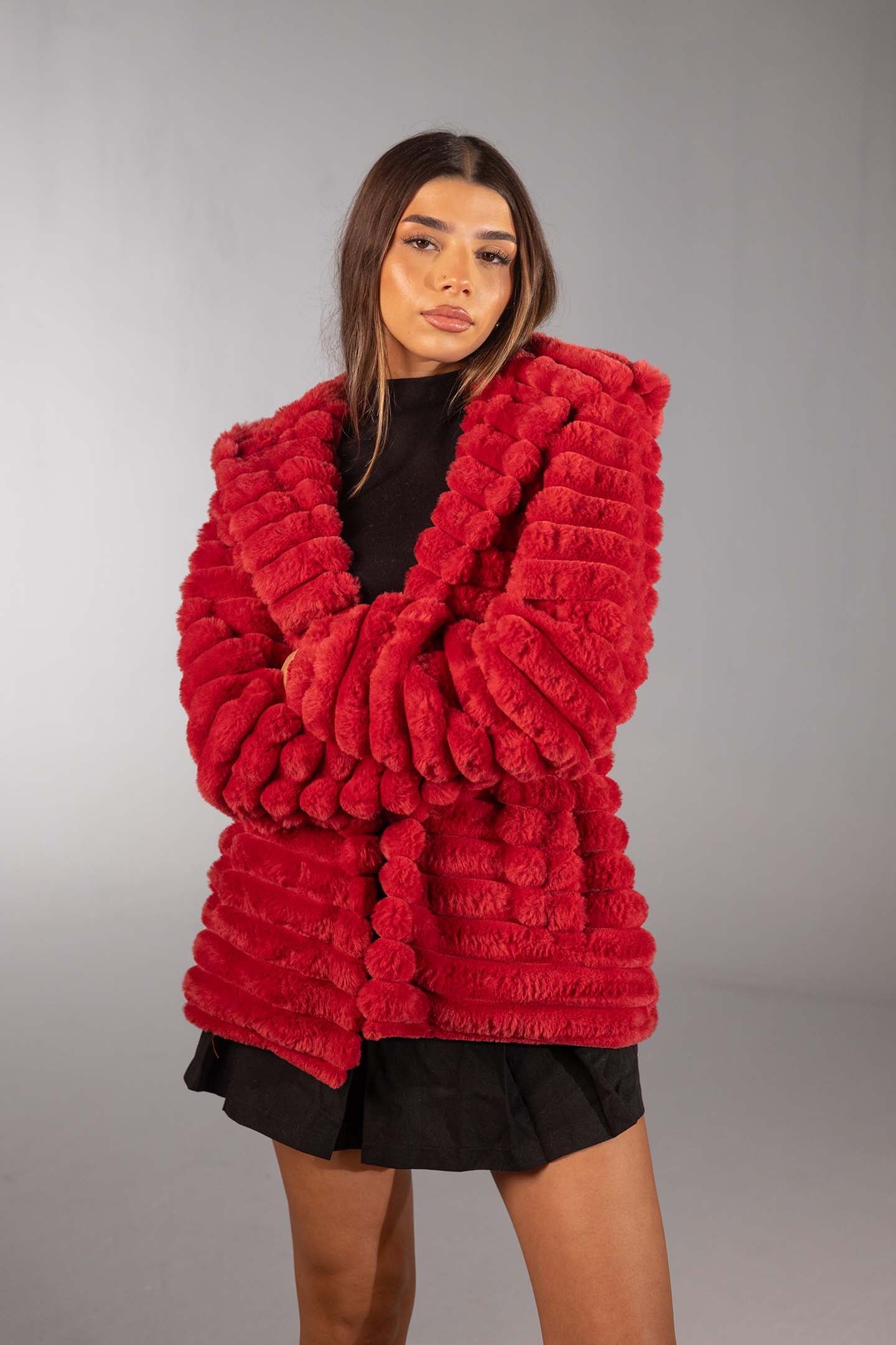 Red Soft Textured Faux Fur Mid Coat