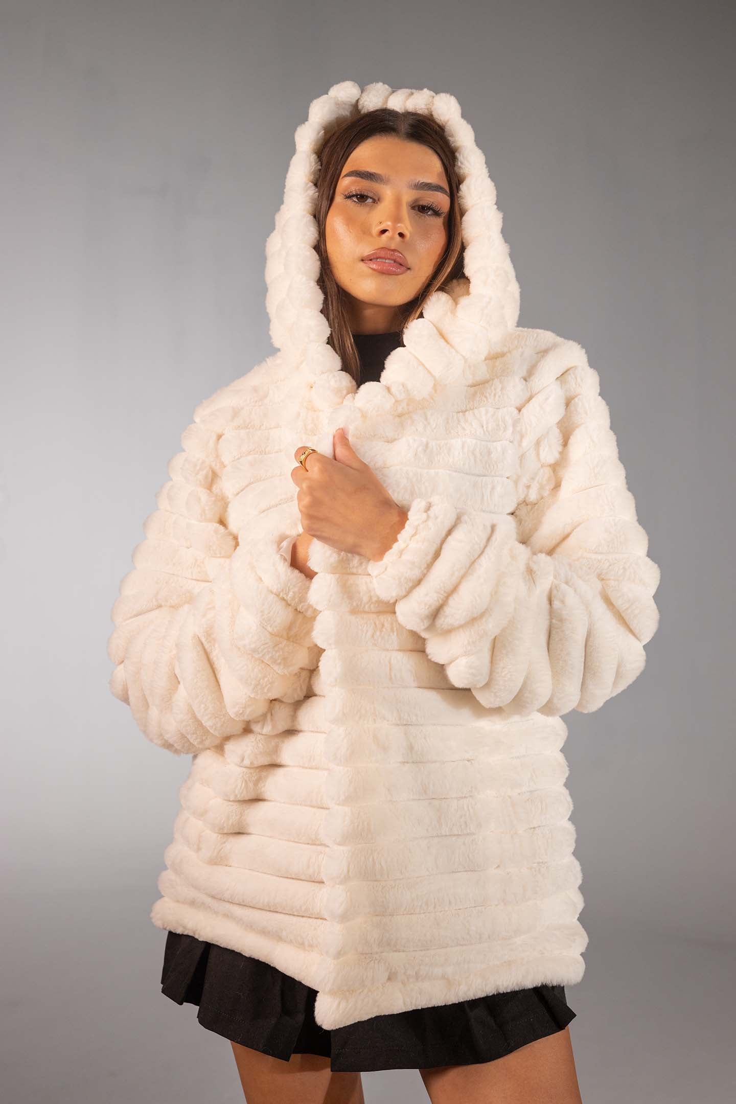 White Soft Textured Faux Fur Mid Coat