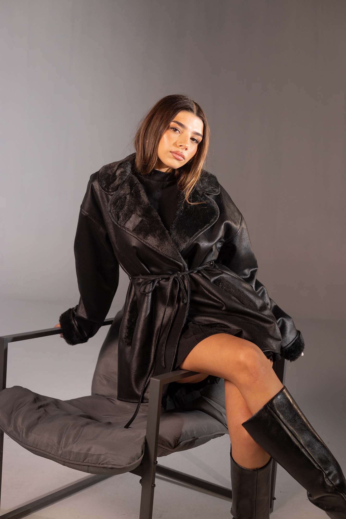 Black Faux Leather Belted Jacket with Fur Lining