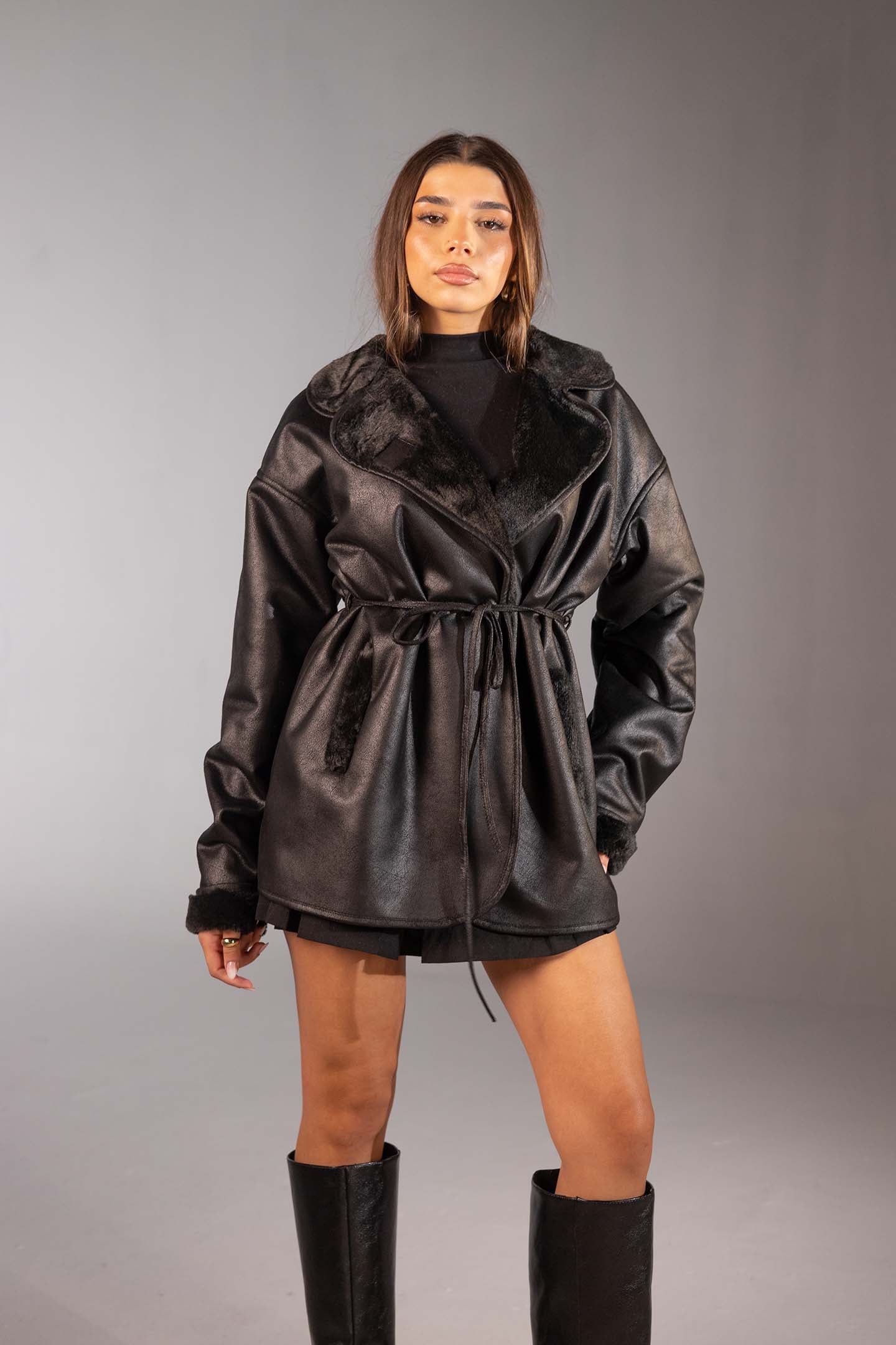 Black Faux Leather Belted Jacket with Fur Lining