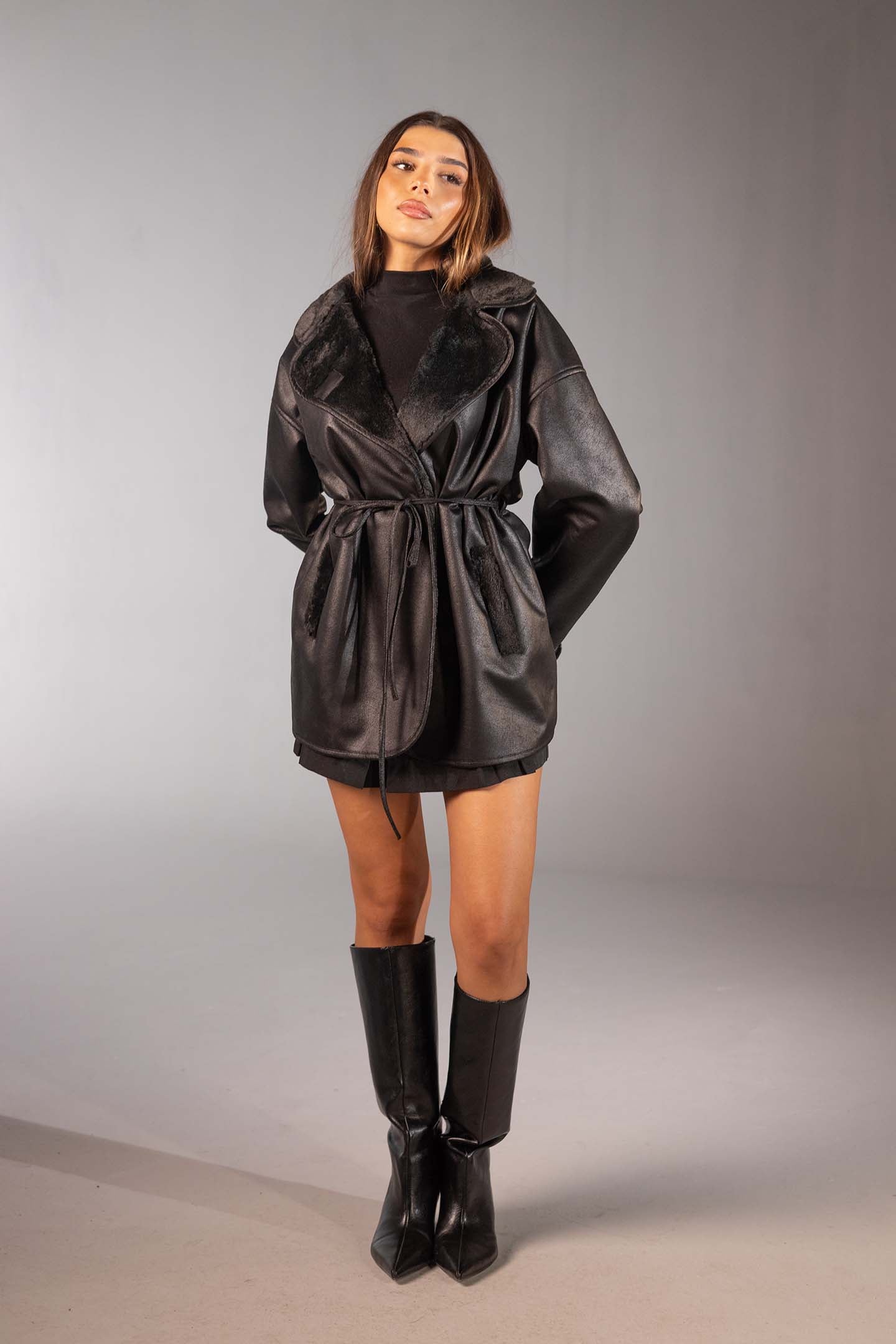 Black Faux Leather Belted Jacket with Fur Lining