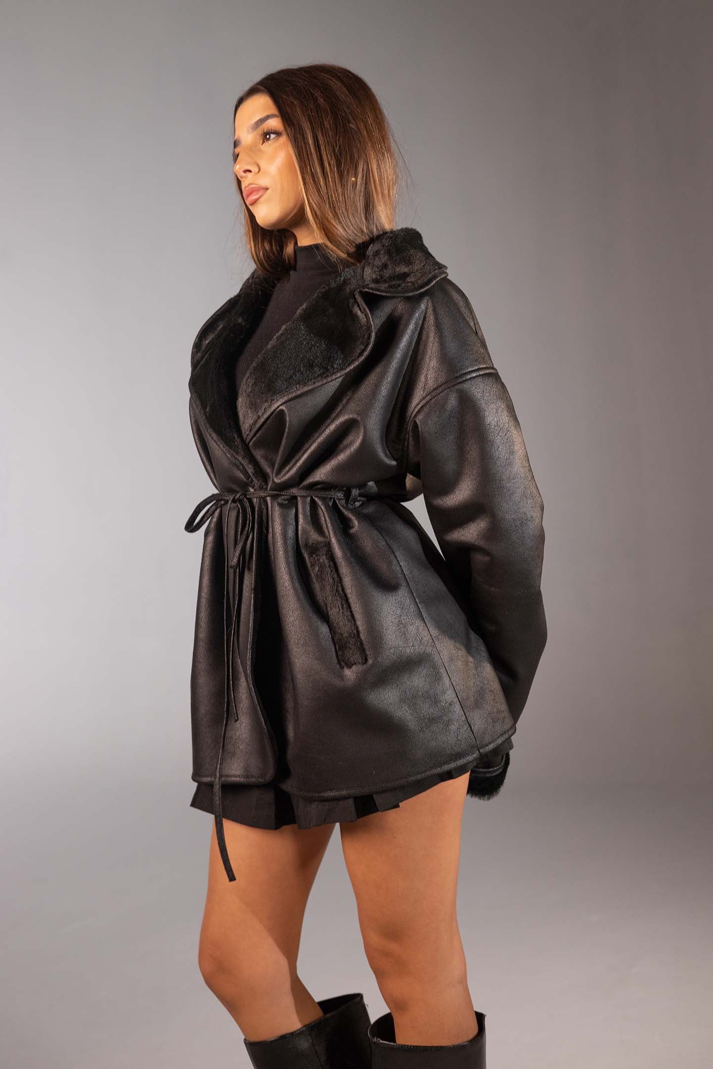 Black Faux Leather Belted Jacket with Fur Lining