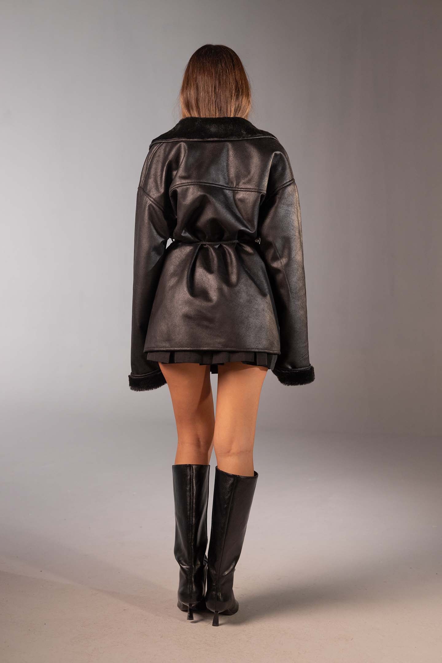 Black Faux Leather Belted Jacket with Fur Lining