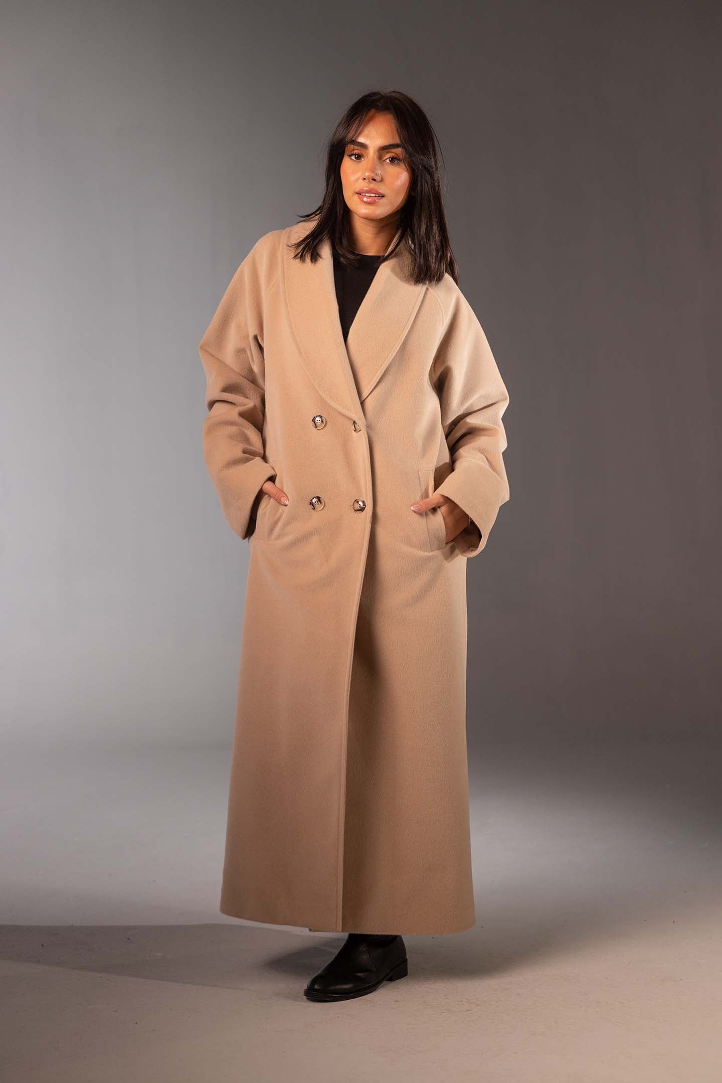 معطف صوف بيج ماكسي مزدوج الأزرار