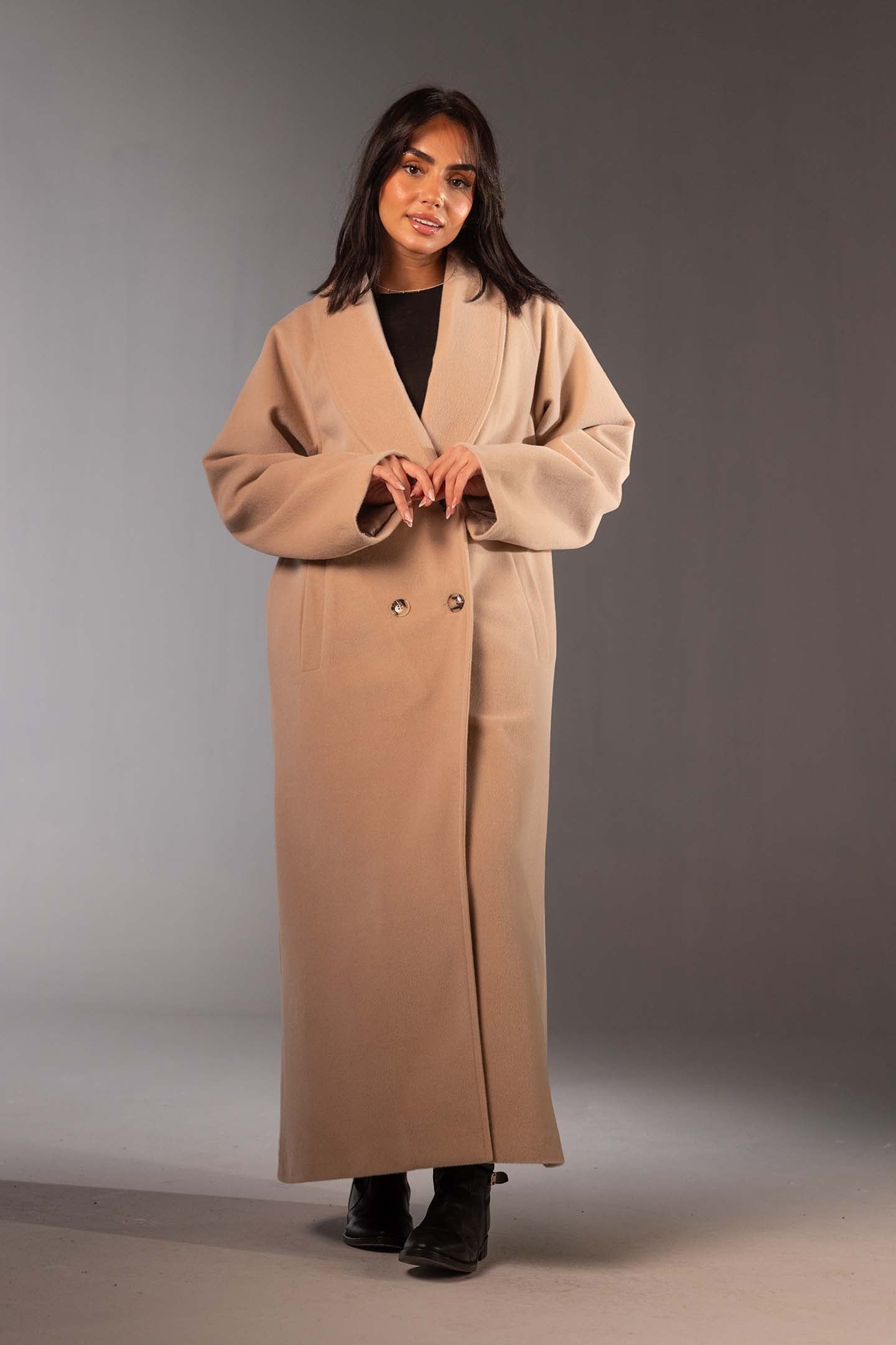 معطف صوف بيج ماكسي مزدوج الأزرار