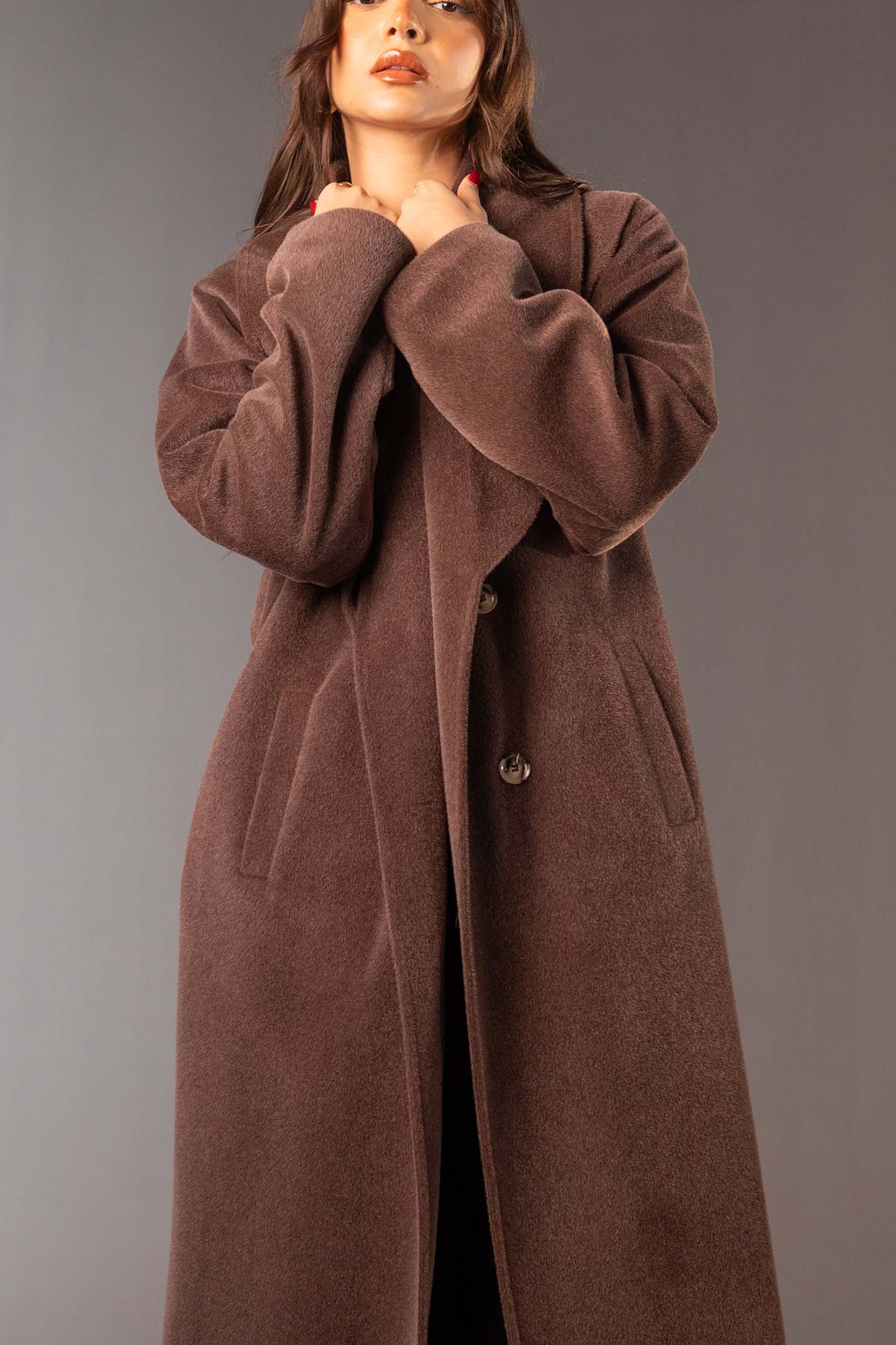 Brown Double-Breasted Wool Maxi Coat