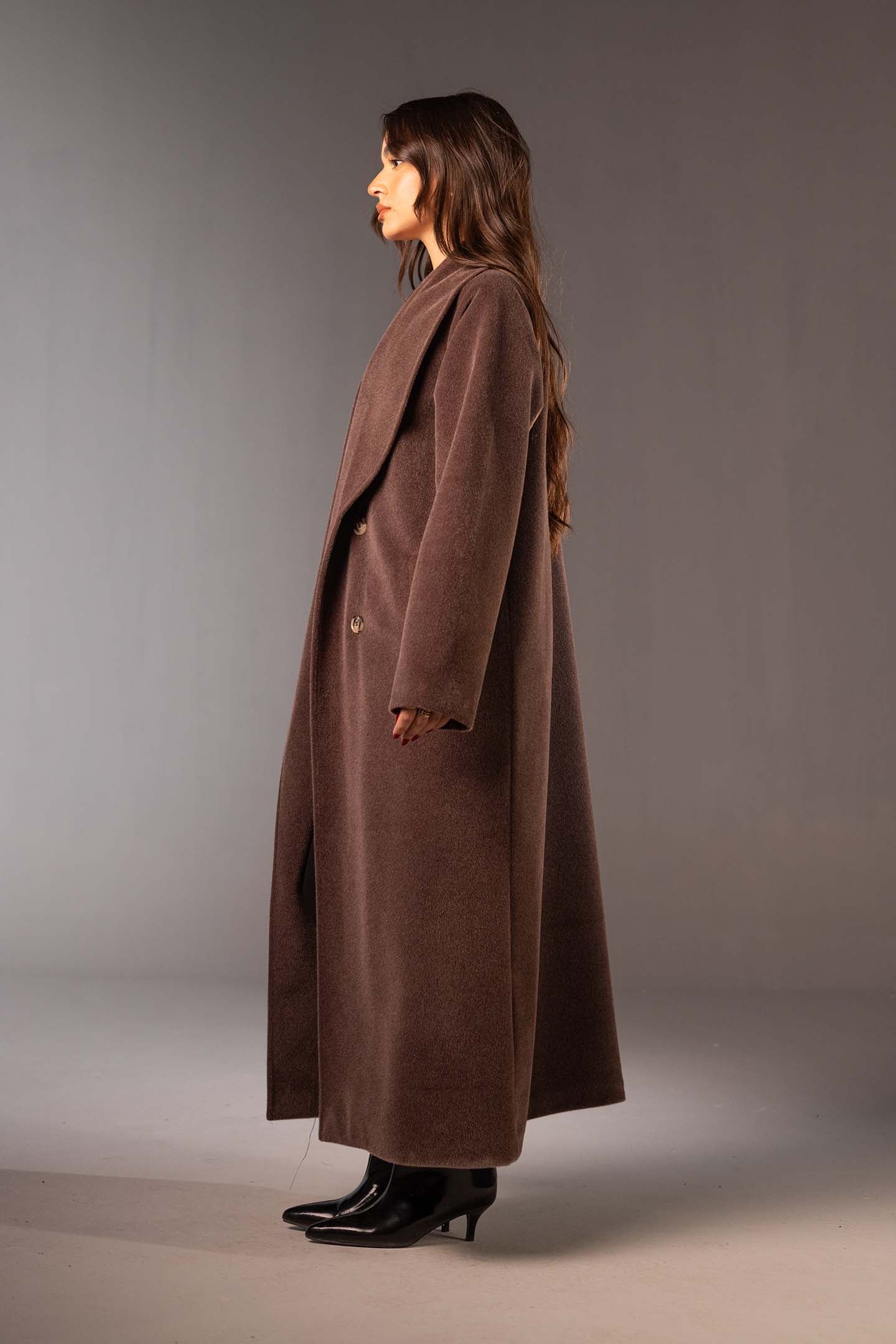 Brown Double-Breasted Wool Maxi Coat