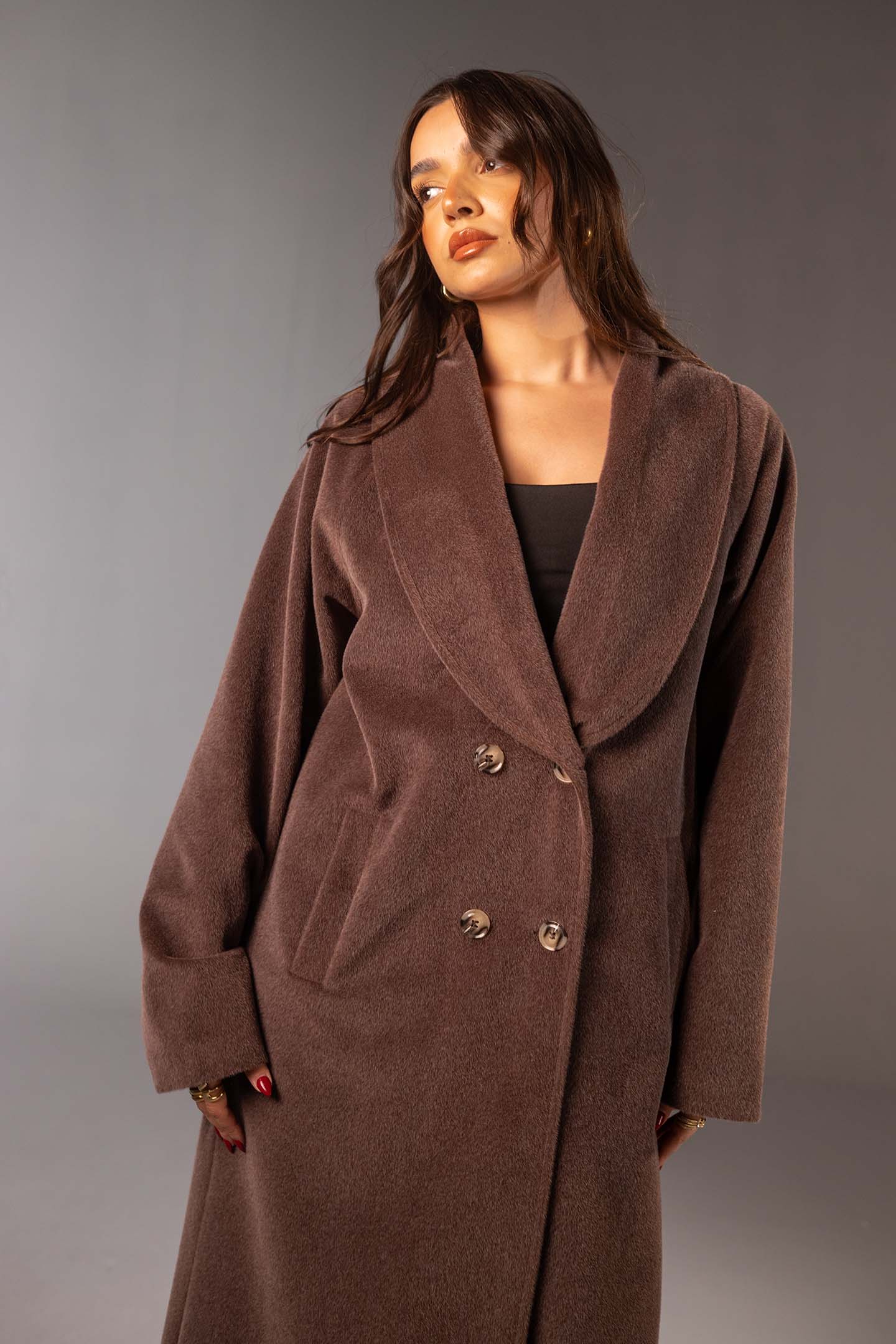 Brown Double-Breasted Wool Maxi Coat
